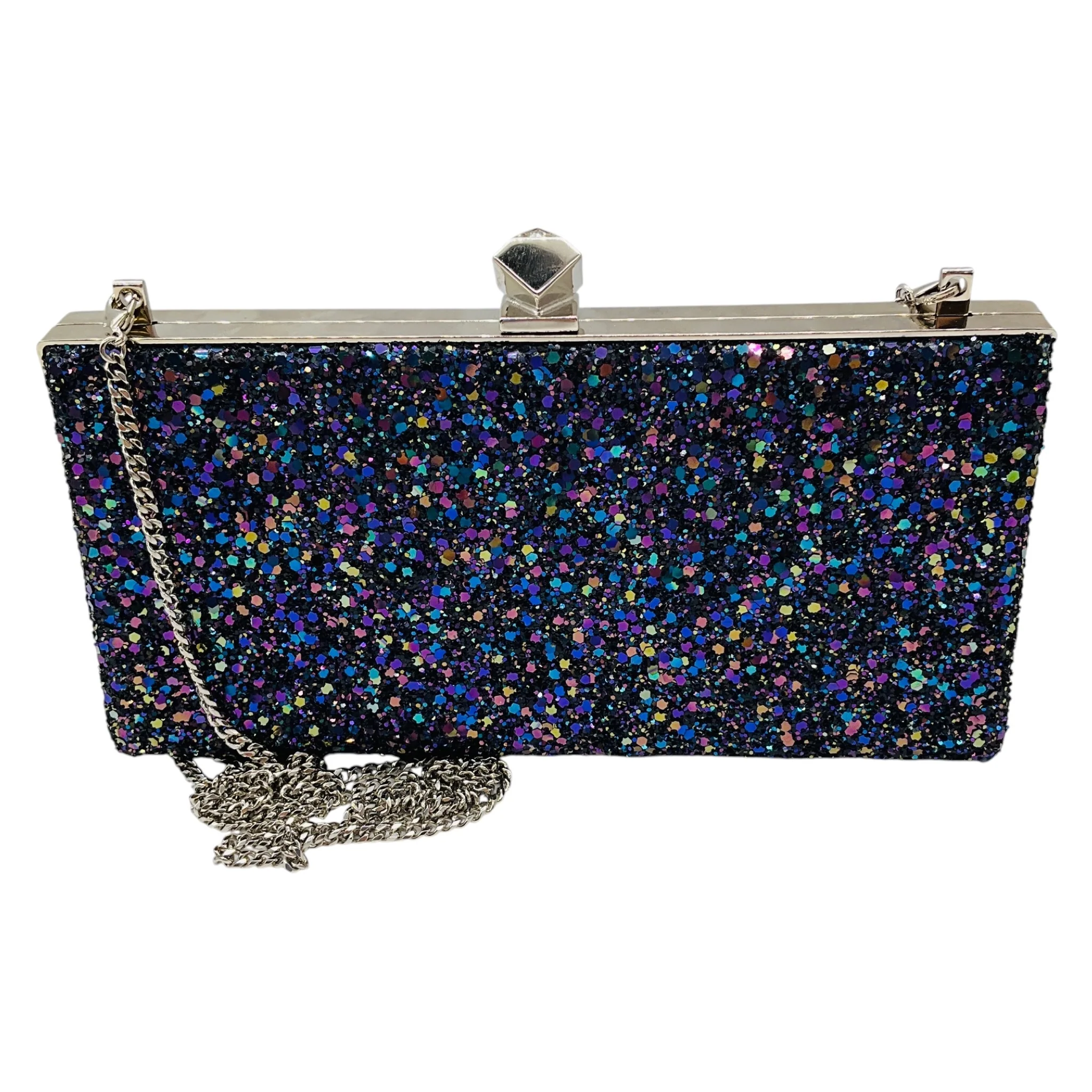 Jimmy Choo Navy Blue Multi Metallic Glitter Clutch with Silver Hardware and Chain Strap - Image 3