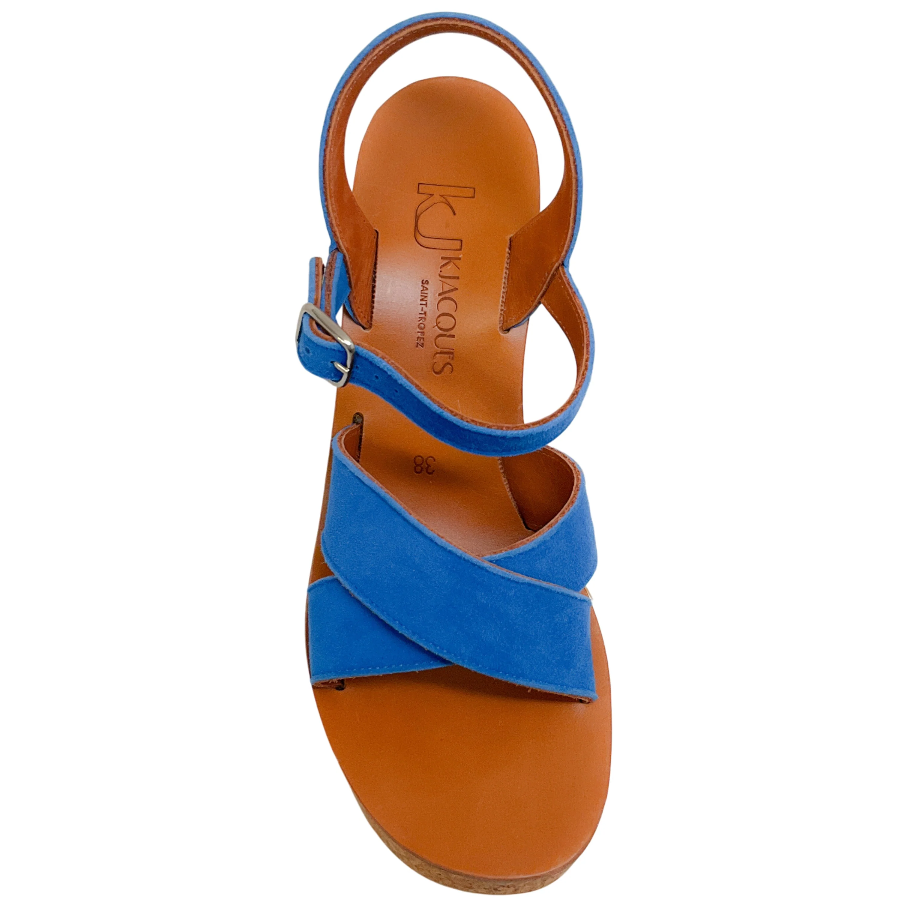 K.Jacques Cobalt Blue Suede Gukara Criss Cross Cork Wedge Sandals - Image 4