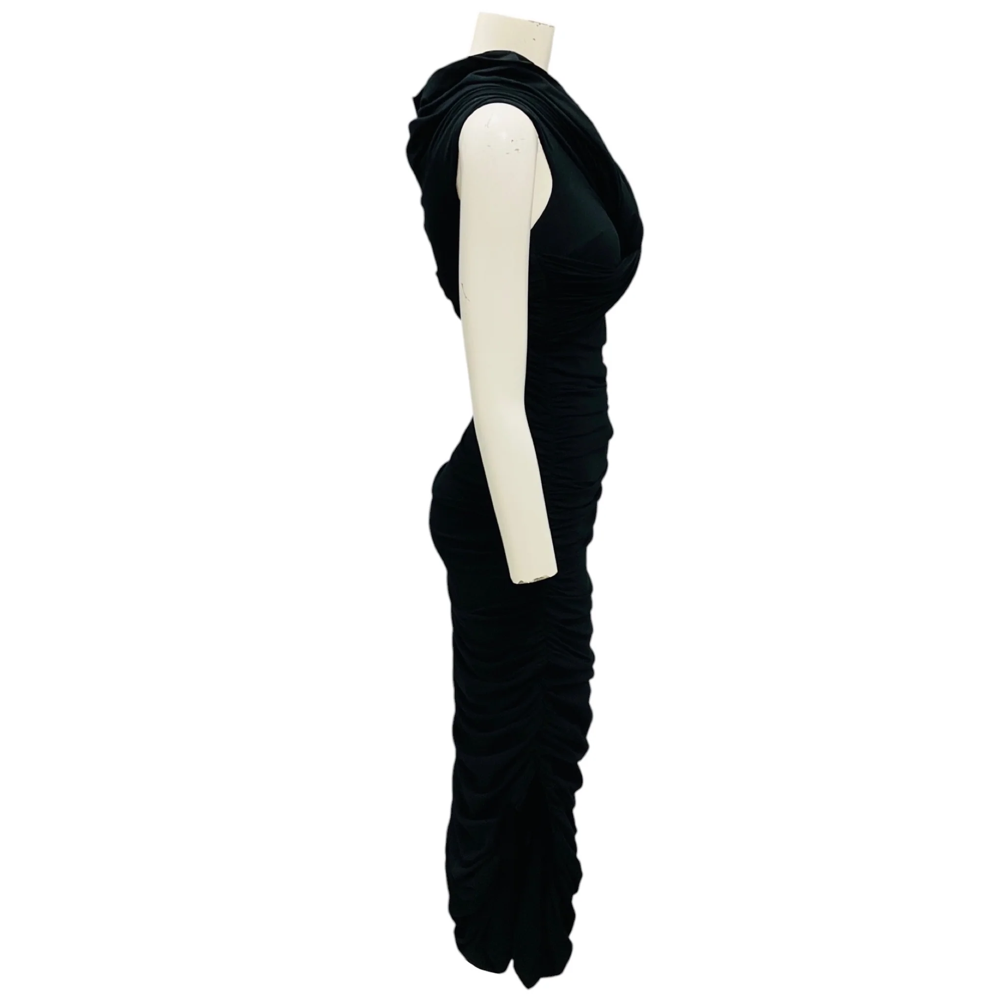 Khaite Black Ruched Fitted Jersey Stretch Cocktail Midi Dress - Image 2