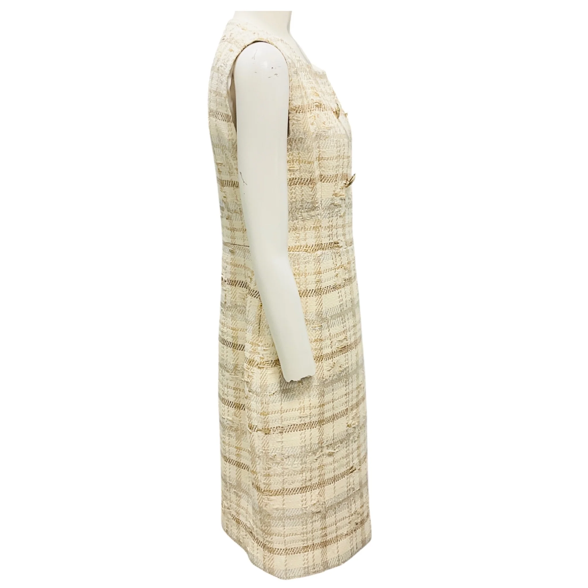 Kiton Ivory / Gold / Silver Metallic Sleeveless Tweed Dress with Gold Buttons - Image 2