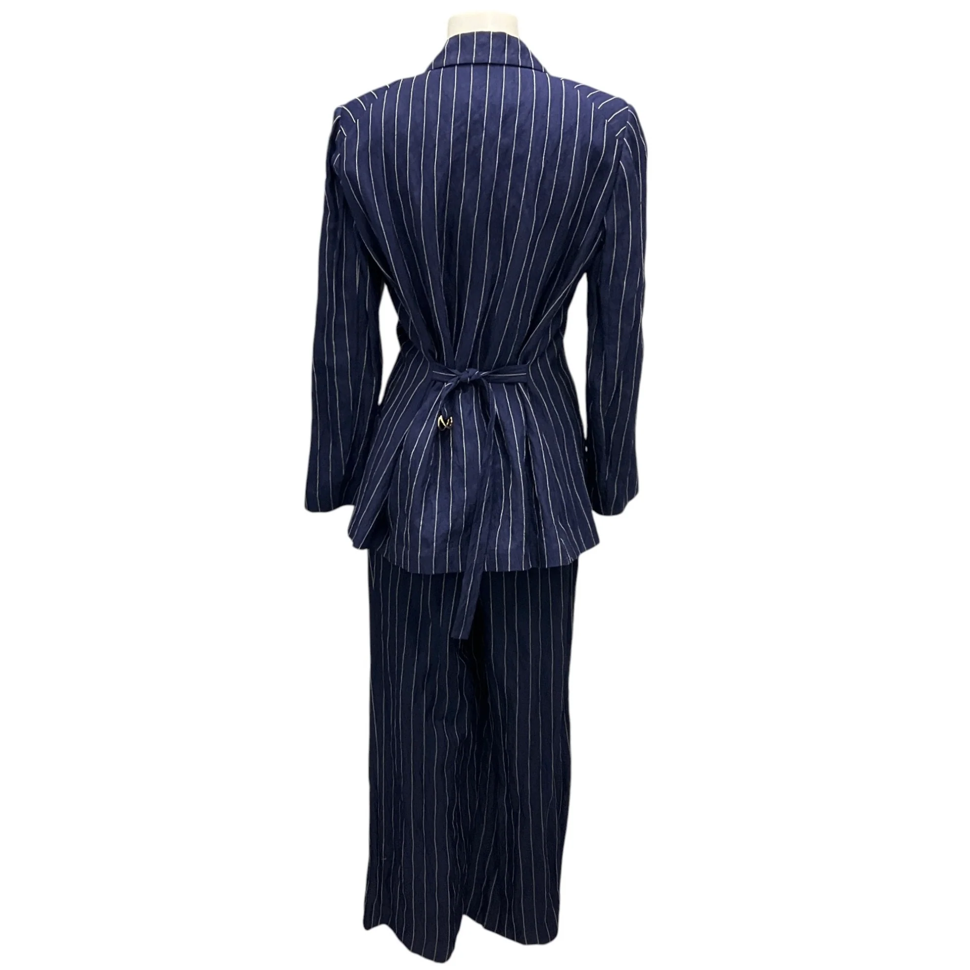 Lafayette 148 New York Navy Blue / White Crinkled Pinstriped Jacket and Pants Suit Set - Image 3