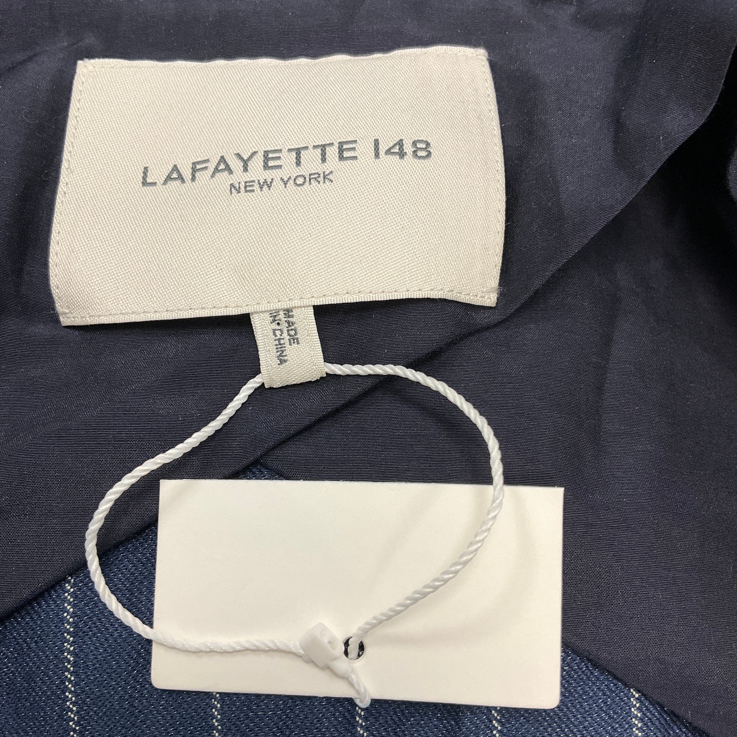 Lafayette 148 New York Navy Blue / White Crinkled Pinstriped Jacket and Pants Suit Set - Image 4