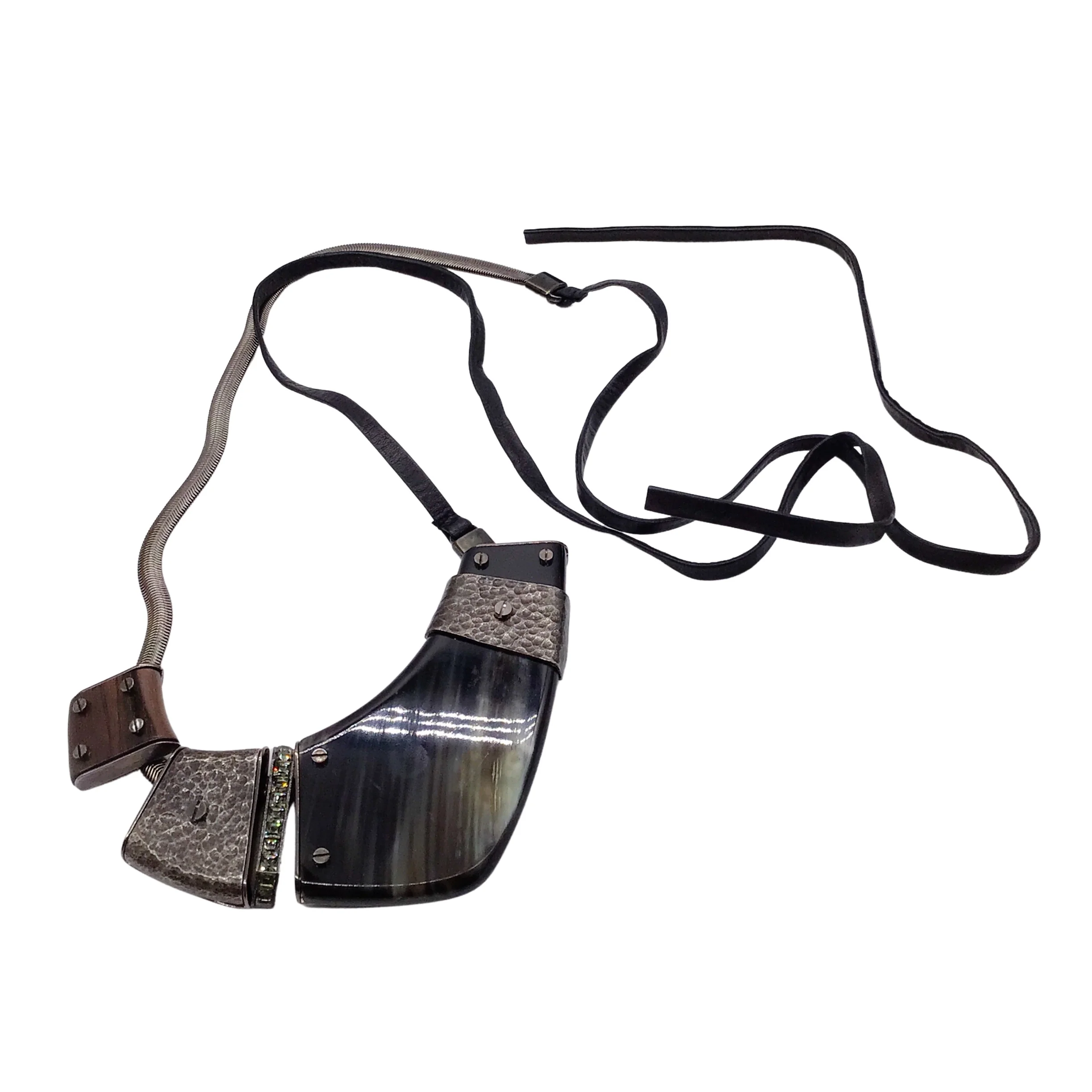 Lanvin Multicolored Mixed Media Crystal Embellished Metal, Wood, and Leather Necklace - Image 6