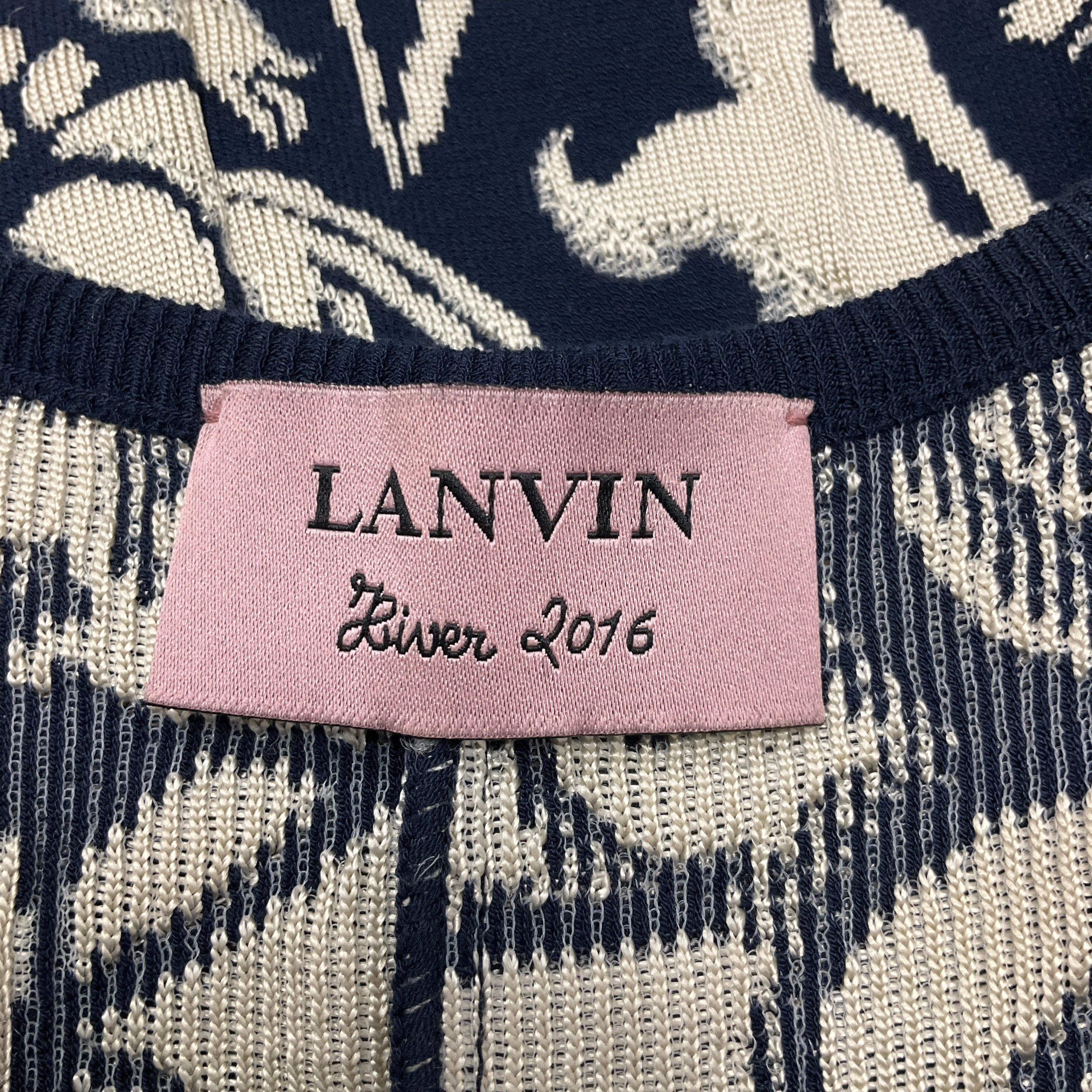 Lanvin Navy Blue / Cream Sleeveless Jacquard Knit Cocktail Dress - Image 4