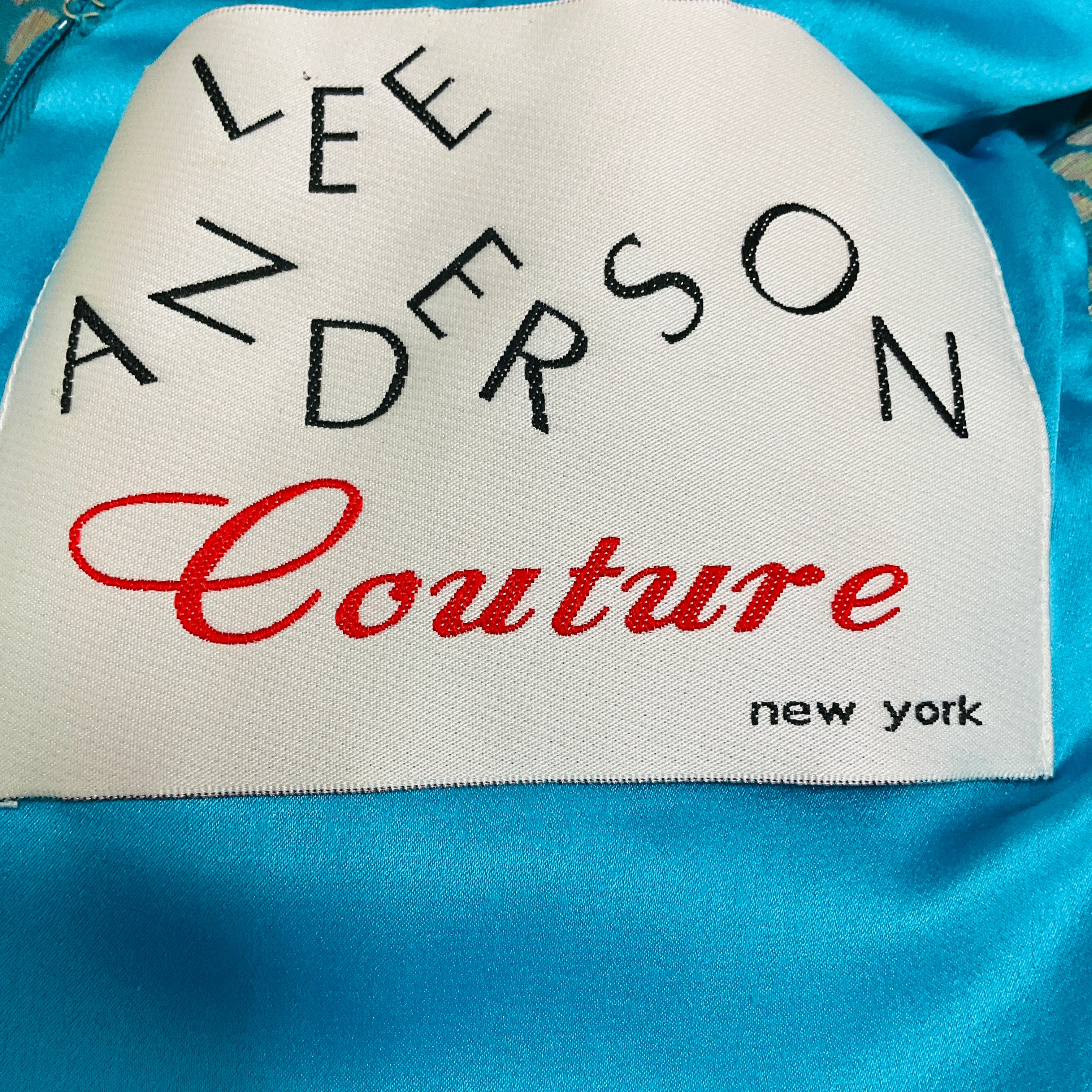 Lee Anderson Couture Turquoise / Gold Metallic Short Sleeved Jacquard Lurex Cocktail Dress - Image 4