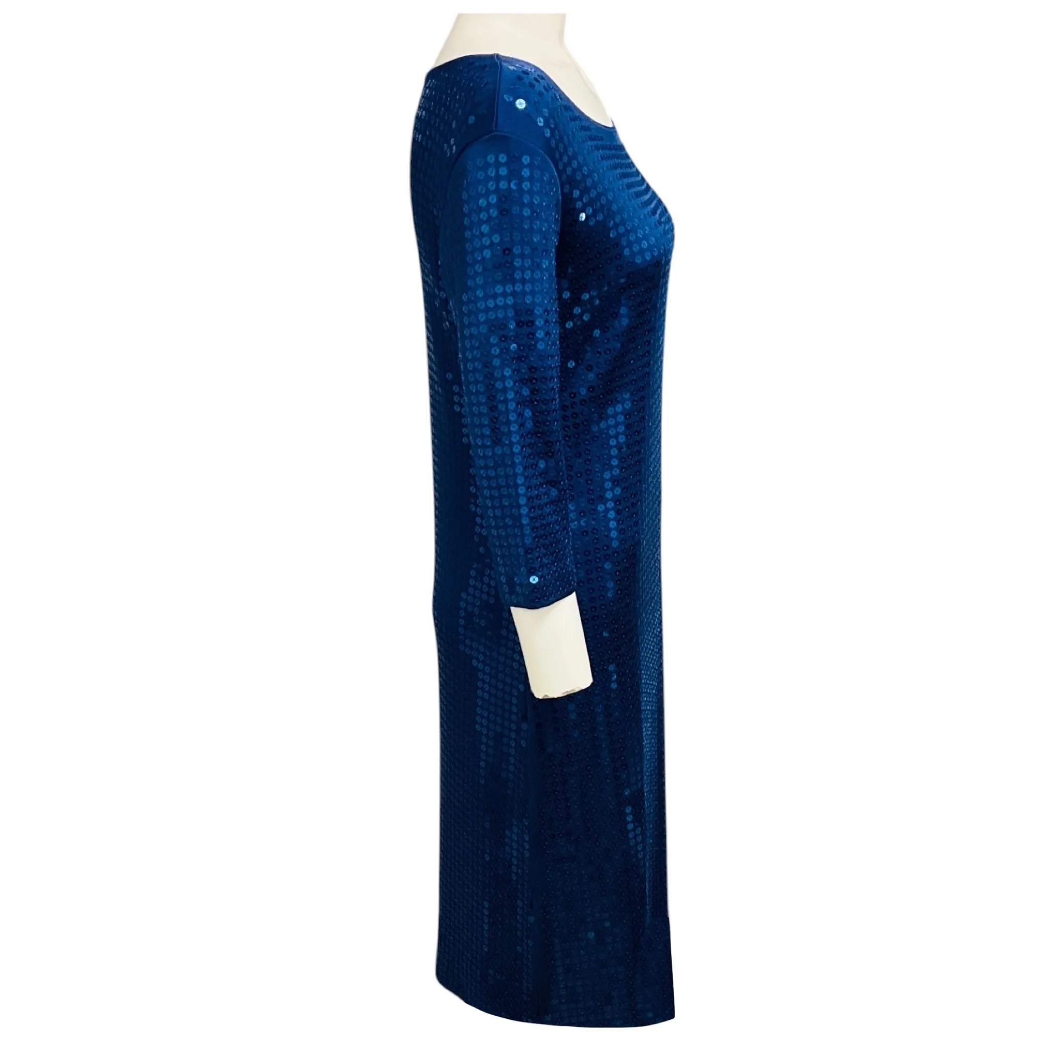 Leggiadro Deep Ocean Blue Solid Sequin 3/4 Length Sleeve Dress - Image 2