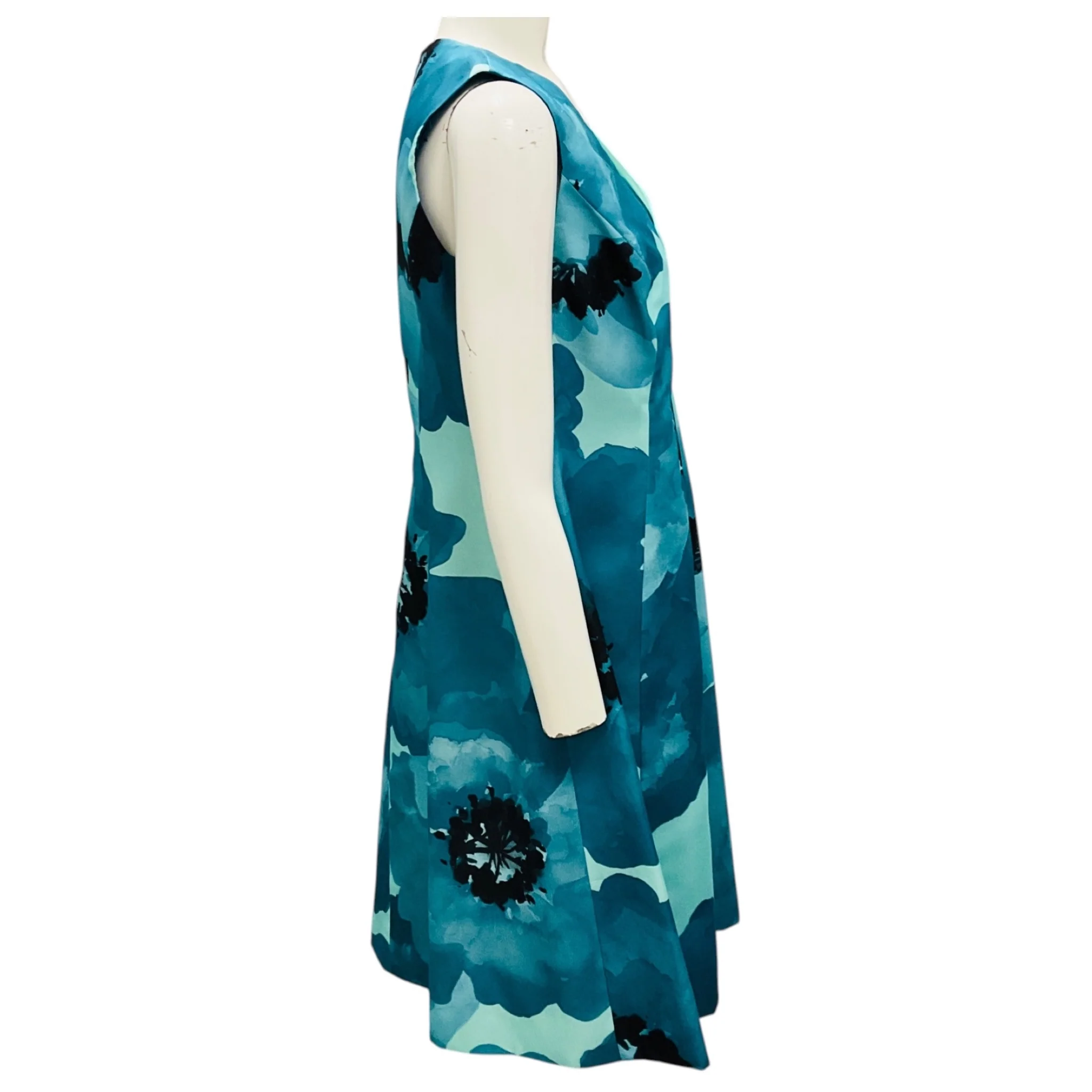 Lela Rose Turquoise Floral Printed Sleeveless V-Neck Silk Cocktail Dress - Image 2