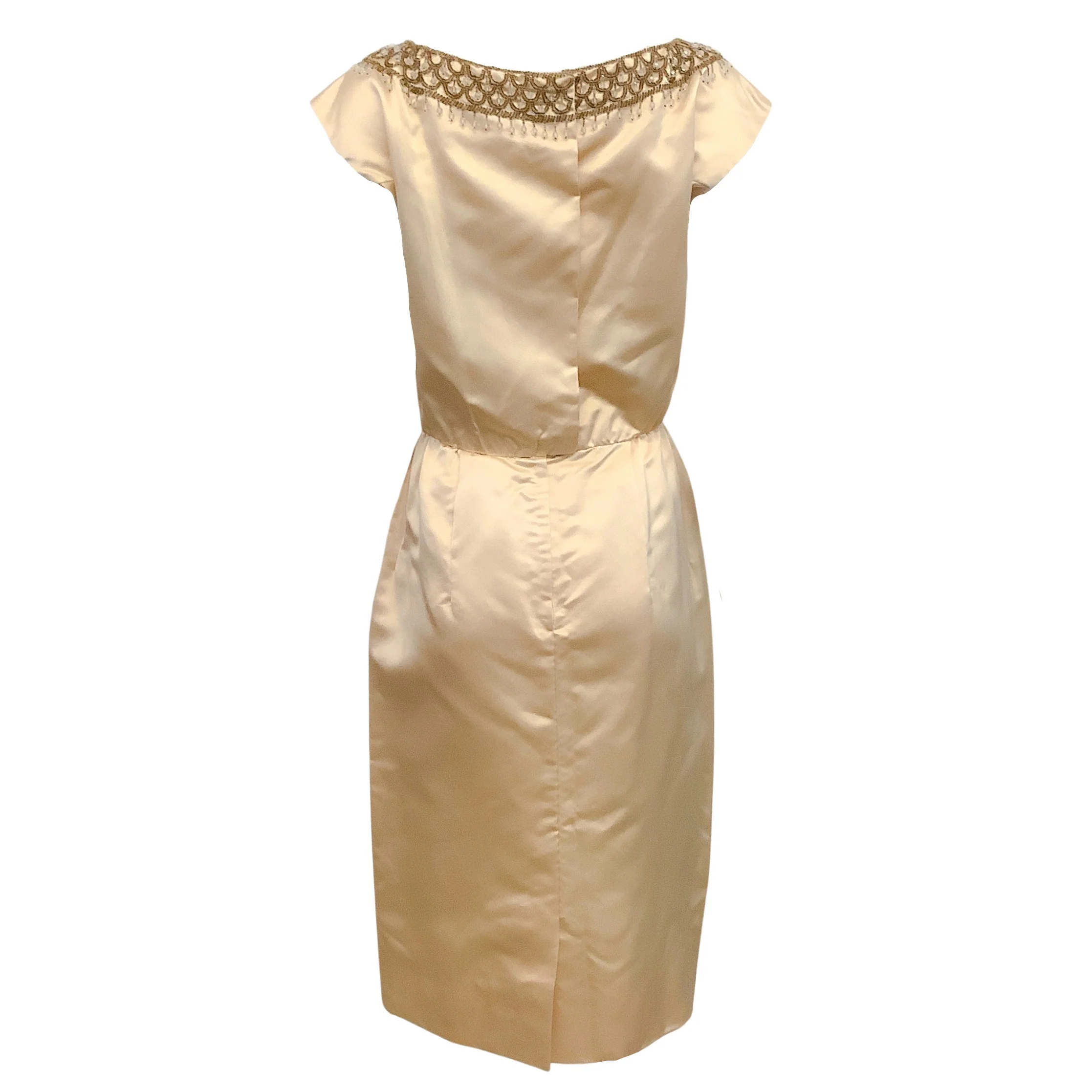 Lillie Rubin Champagne Silk Vintage Dress with Beaded Neckline - Image 3