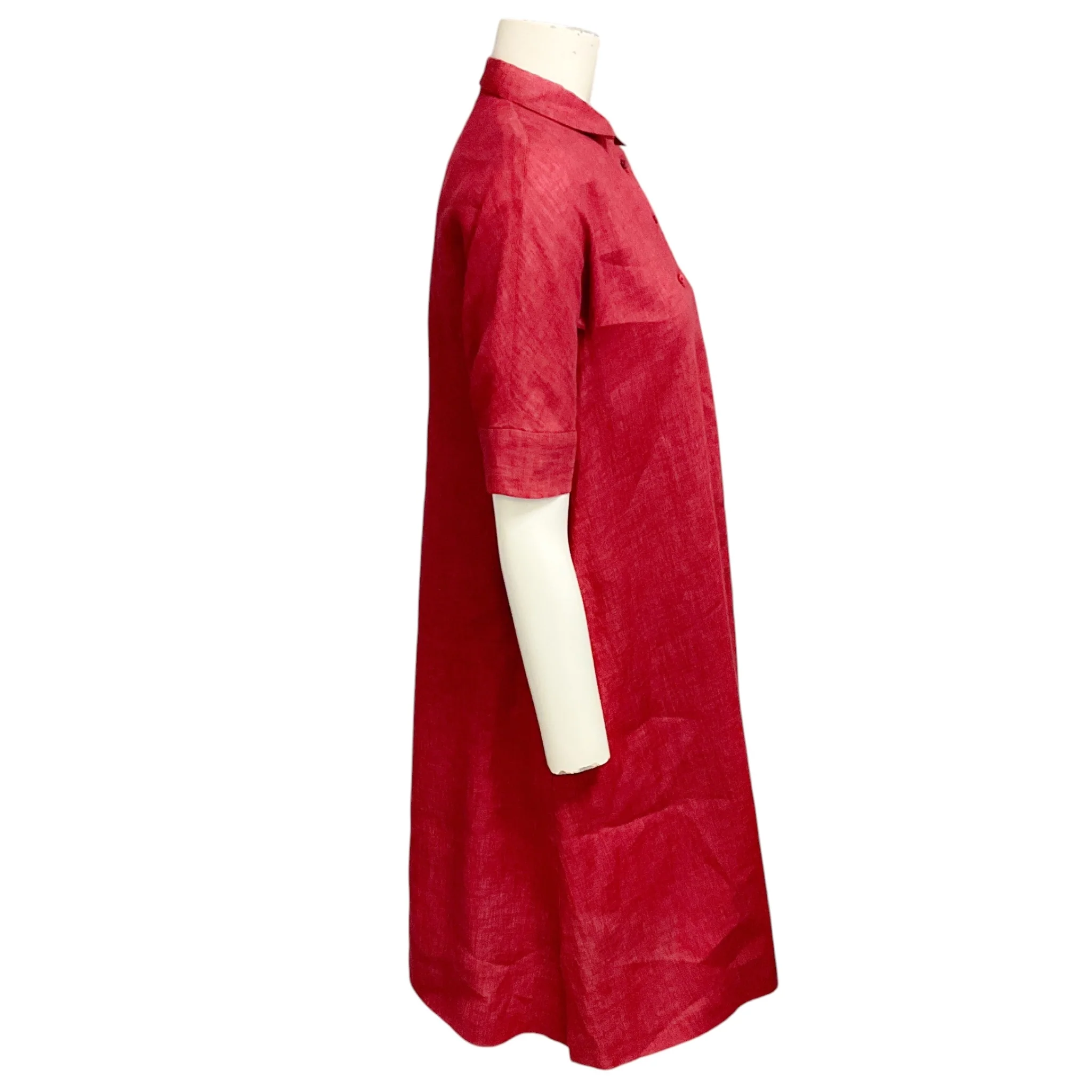 Loro Piana Brick Red Short Sleeved Collared Button Front Linen Midi Dress - Image 2