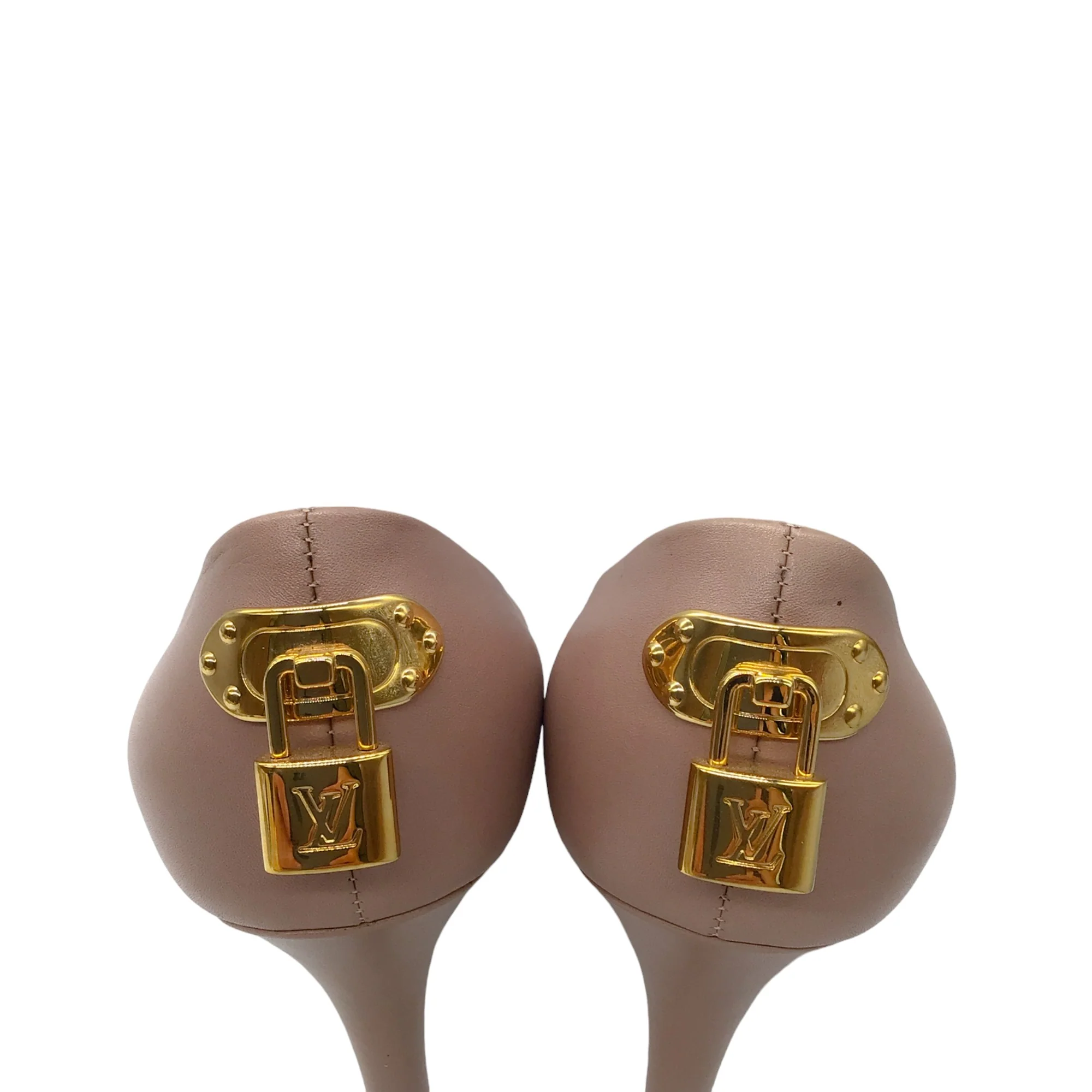 Louis Vuitton Nude / Gold Monogram Lock Detail Calfskin Leather Peep Toe Pumps - Image 9