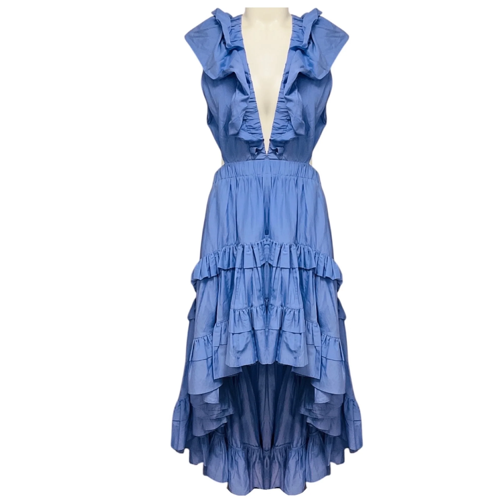 Magali Pascal Iris Blue Pascal Ruffled High Low Maxi Dress
