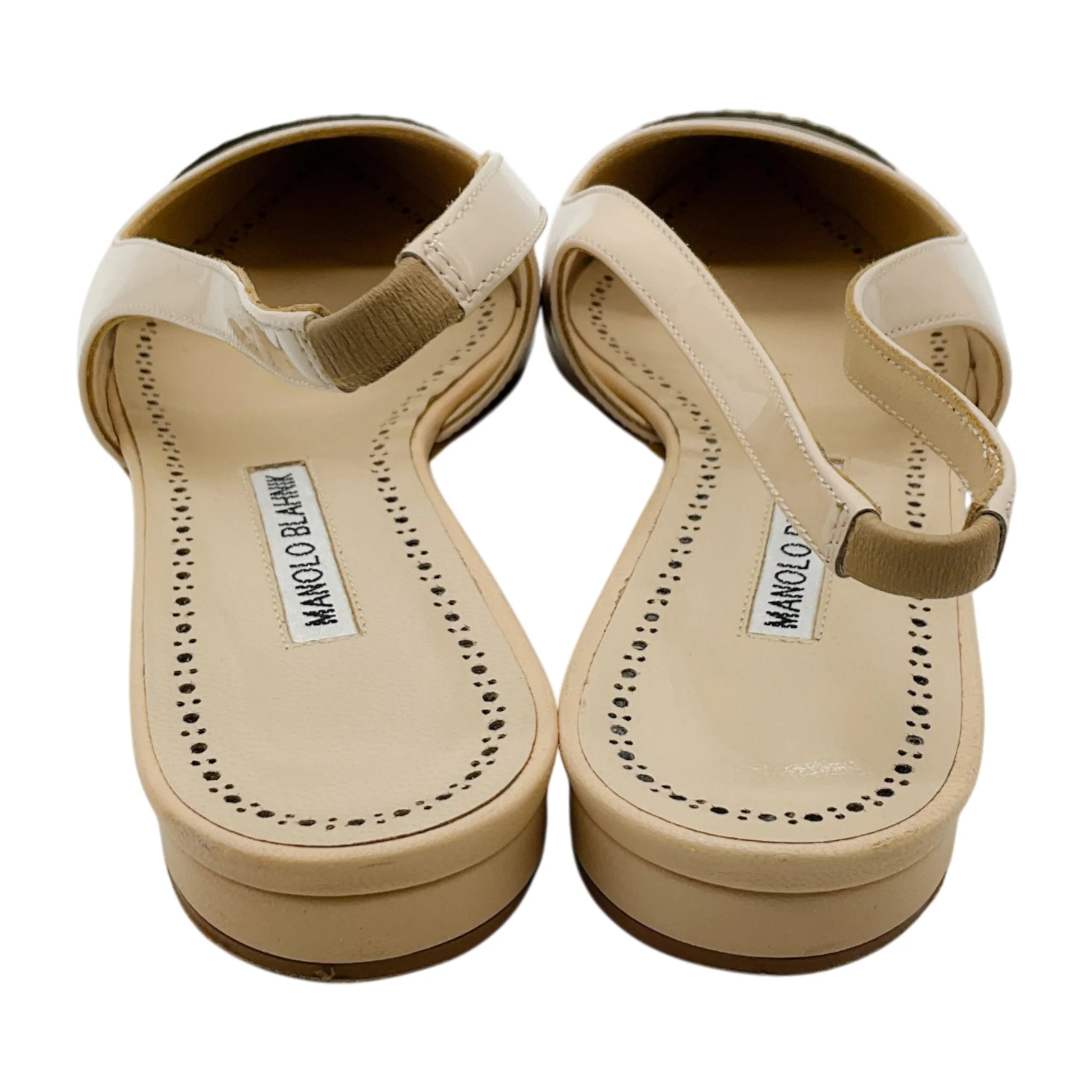 Manolo Blahnik Beige / Black Patent Leather Slingback Flats with Leather Toe - Image 5