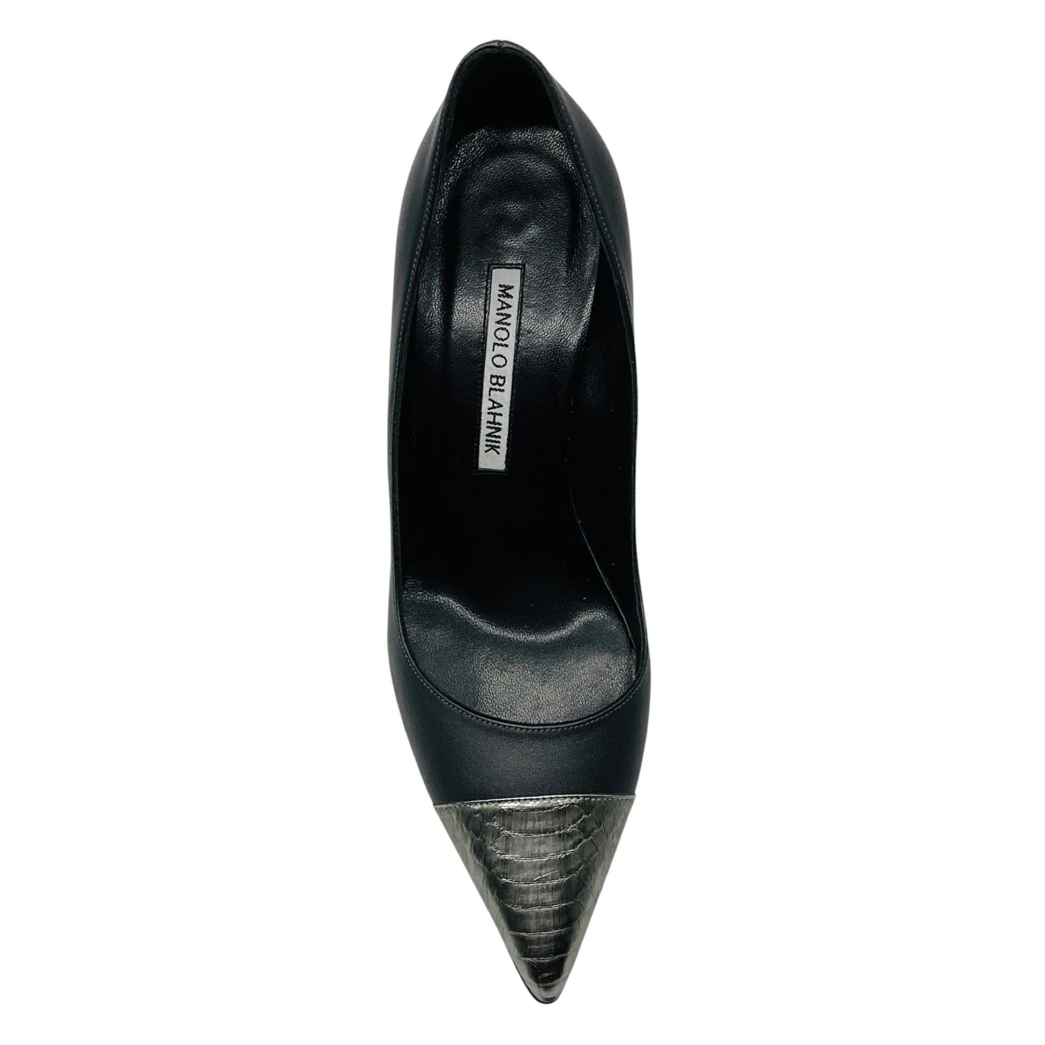 Manolo Blahnik Black / Silver Metallic Embossed Cap Toe Leather Pumps - Image 4