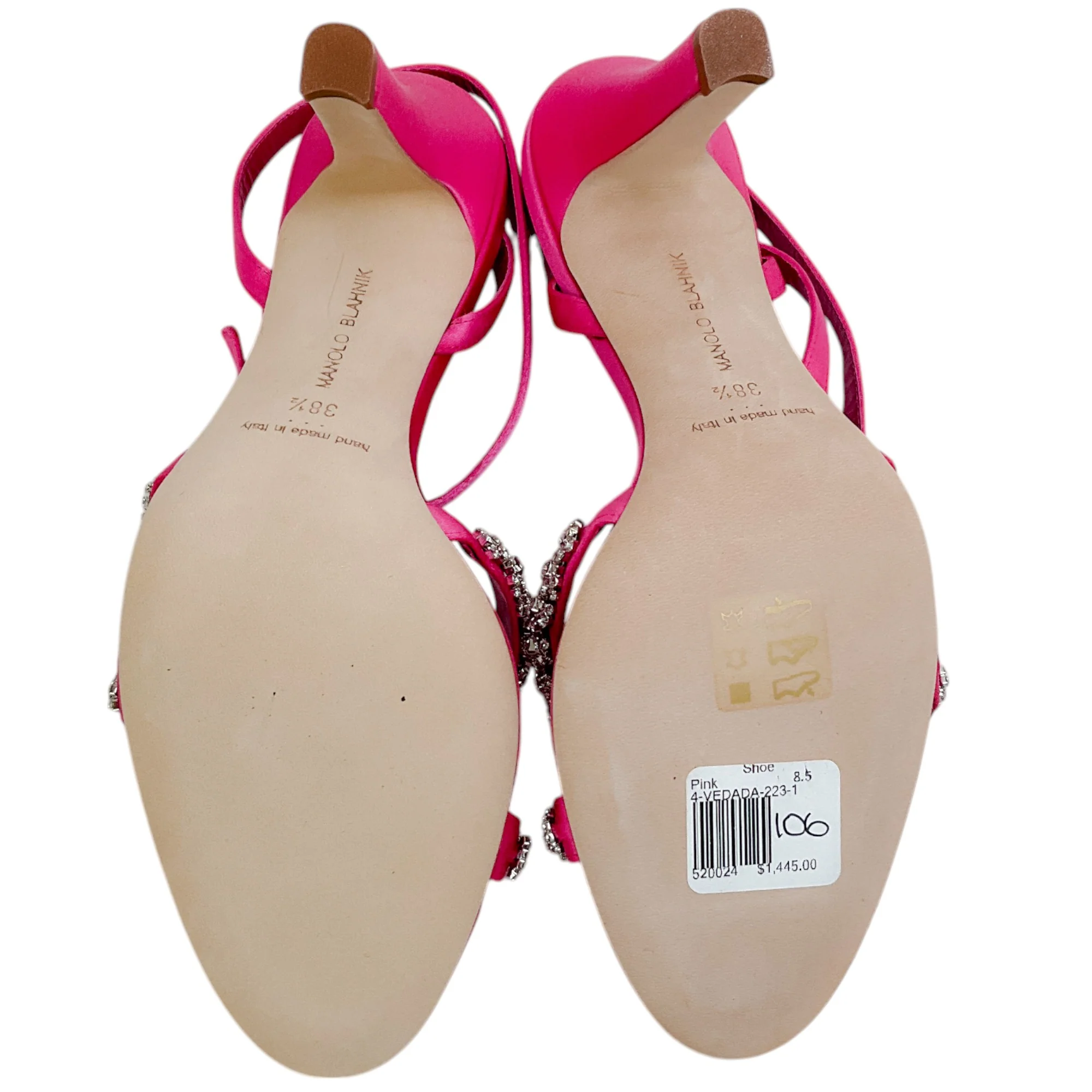 Manolo Blahnik Bright Pink Satin Crystal Embellished Vedada Sandals - Image 8