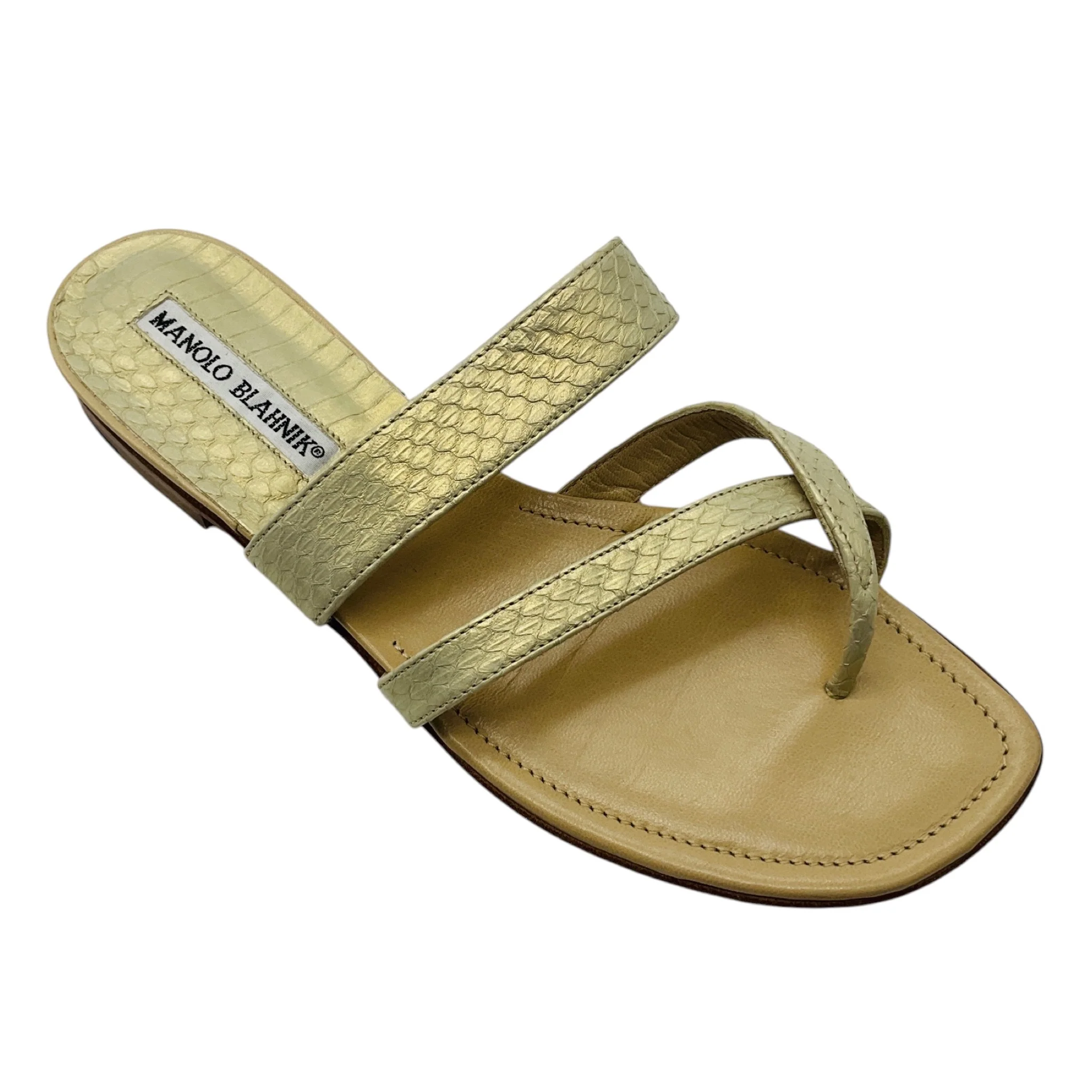 Manolo Blahnik Champagne Metallic Snake Embossed Leather Flat Slide Sandals