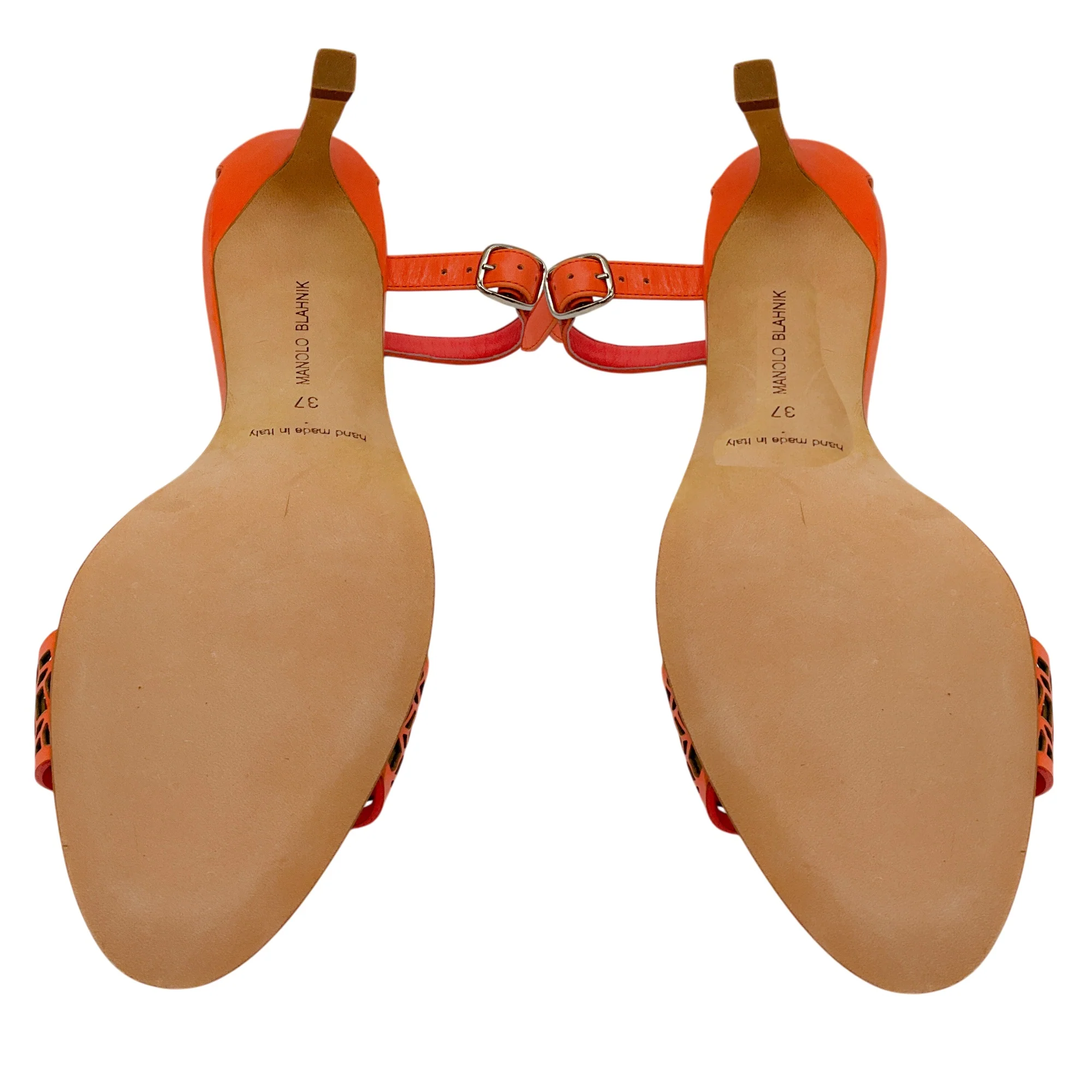 Manolo Blahnik Coral Pink Lasercut Leather Ankle Strap Sandals - Image 7