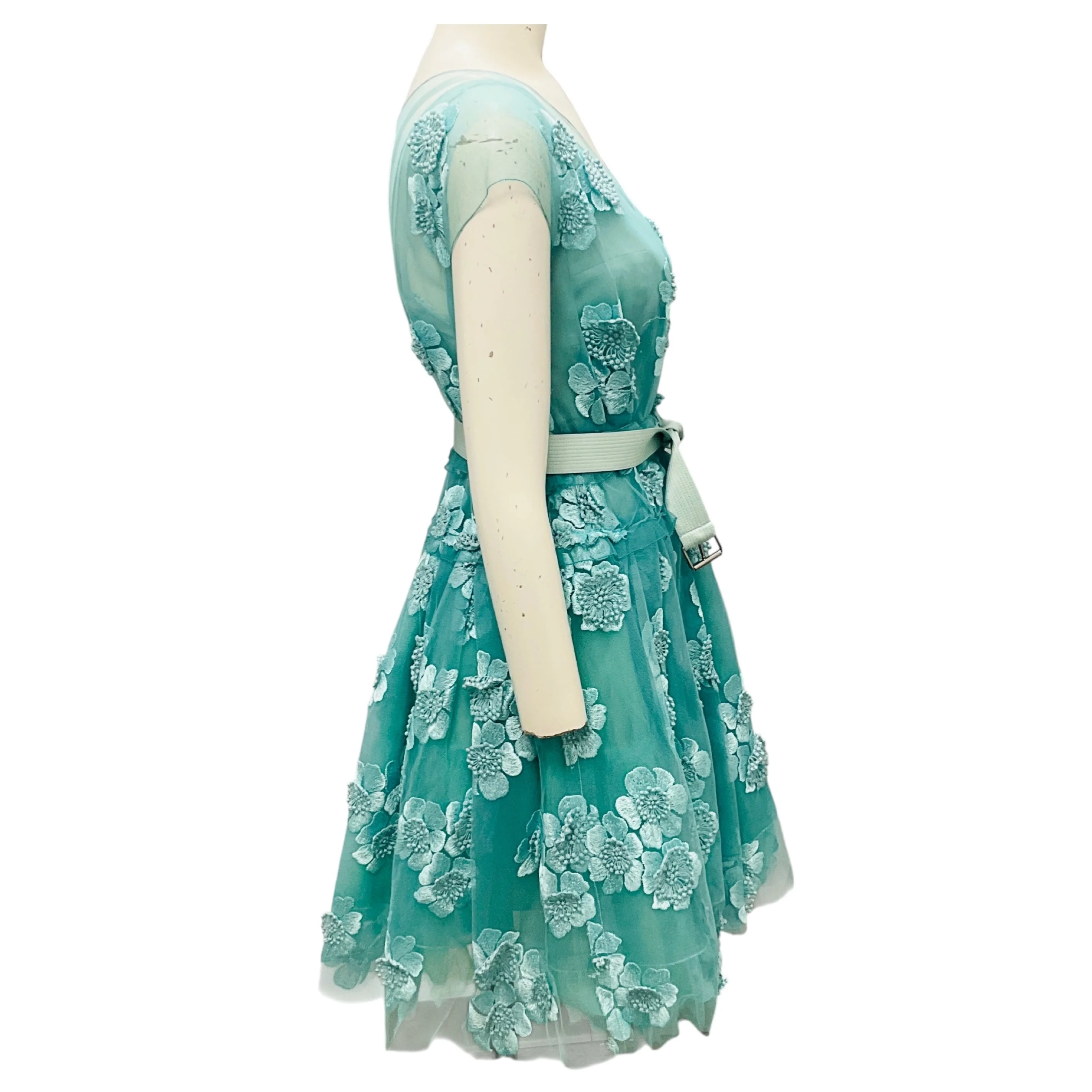 Marc Jacobs Aqua Floral Embroidered Lace Mini Cocktail Dress with Belt - Image 2