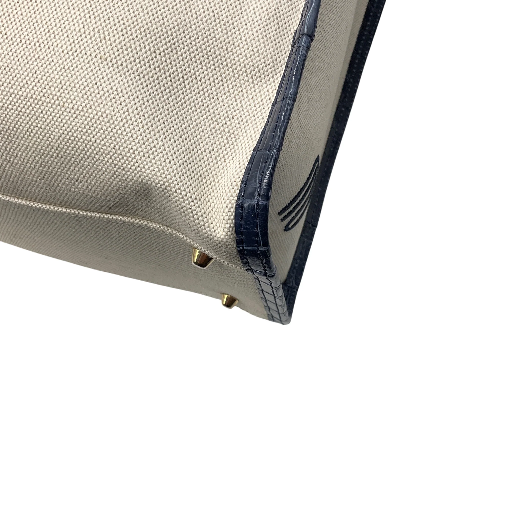 Maria Oliver Beige / Navy Blue Linen and Crocodile Martina Tote Bag - Image 11