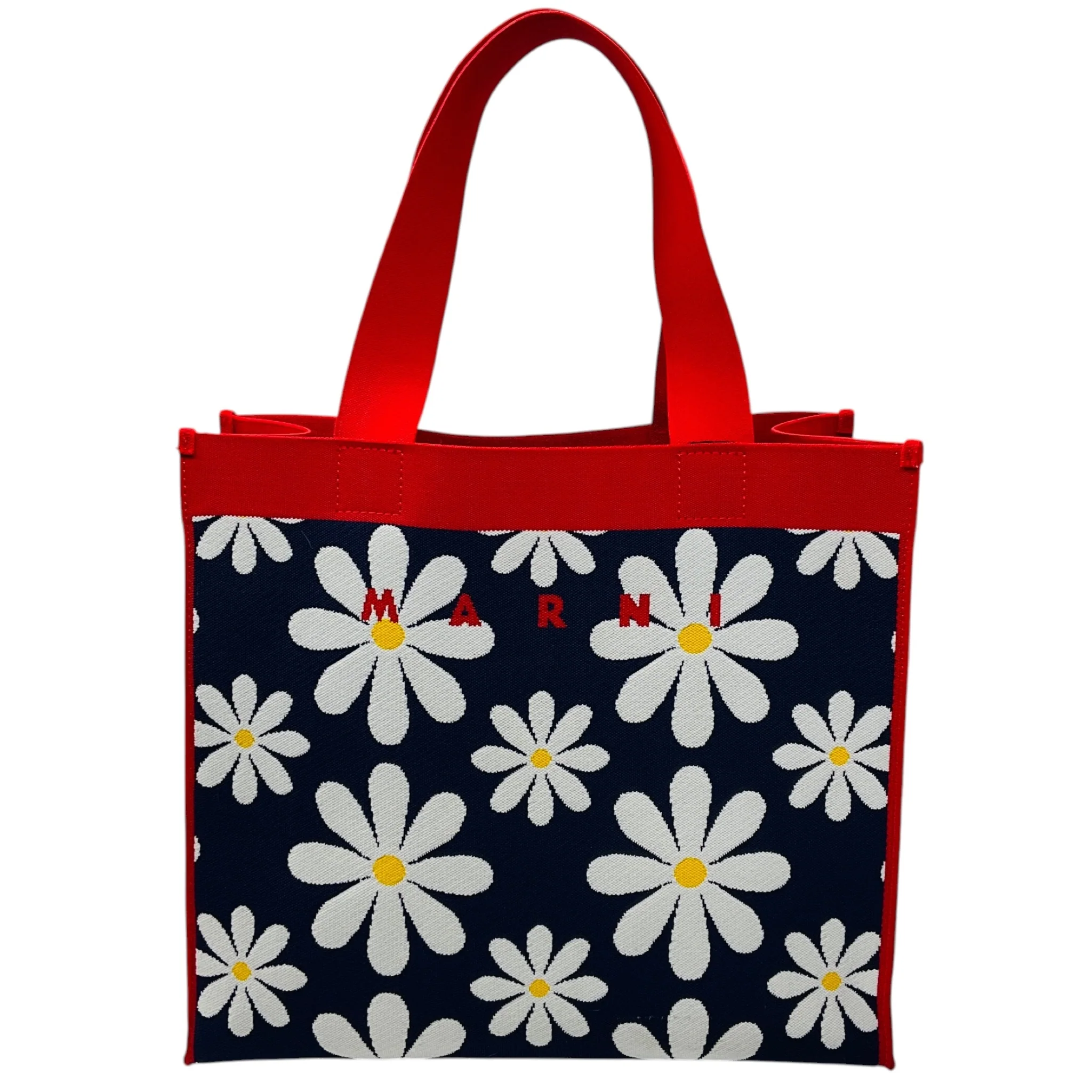 Marni Navy Blue / White / Yellow / Red Logo Floral Daisy Knit Fabric Tote Bag - Image 3
