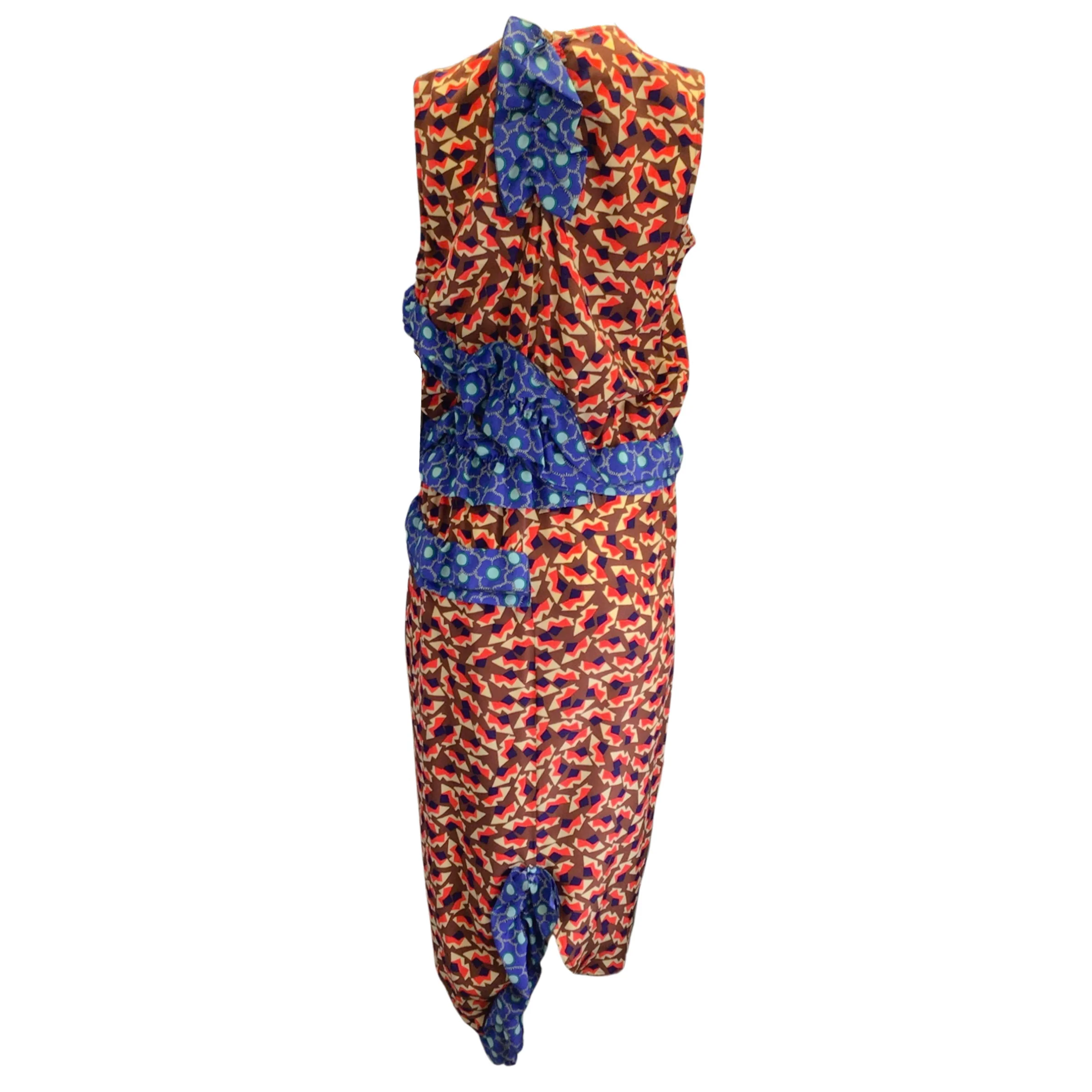 Marni Red / Blue Multi Metropolis Print Sleeveless Silk Crepe Midi Dress - Image 3