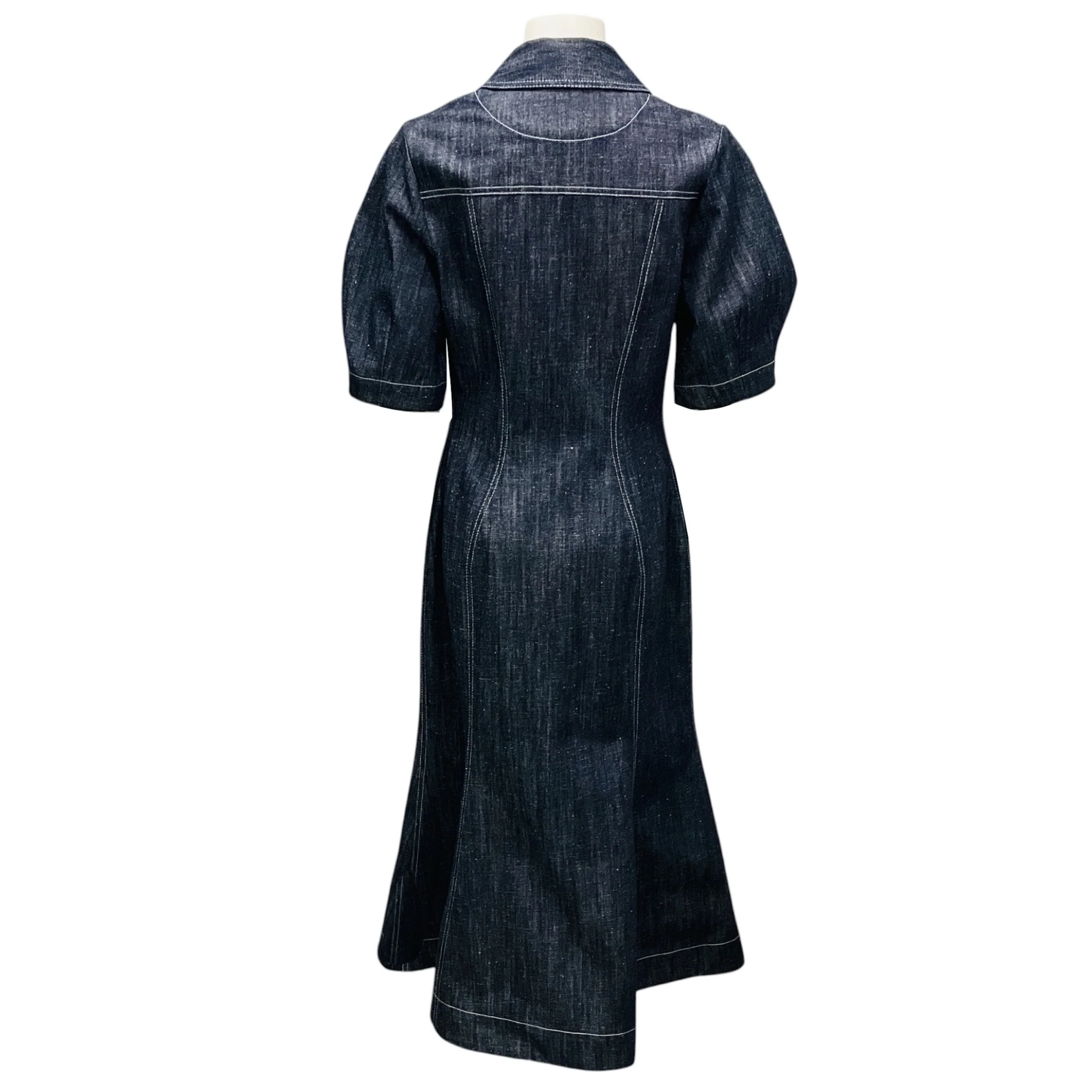 Matthew Bruch Dark Blue Denim Puff Sleeve Midi Dress - Image 3