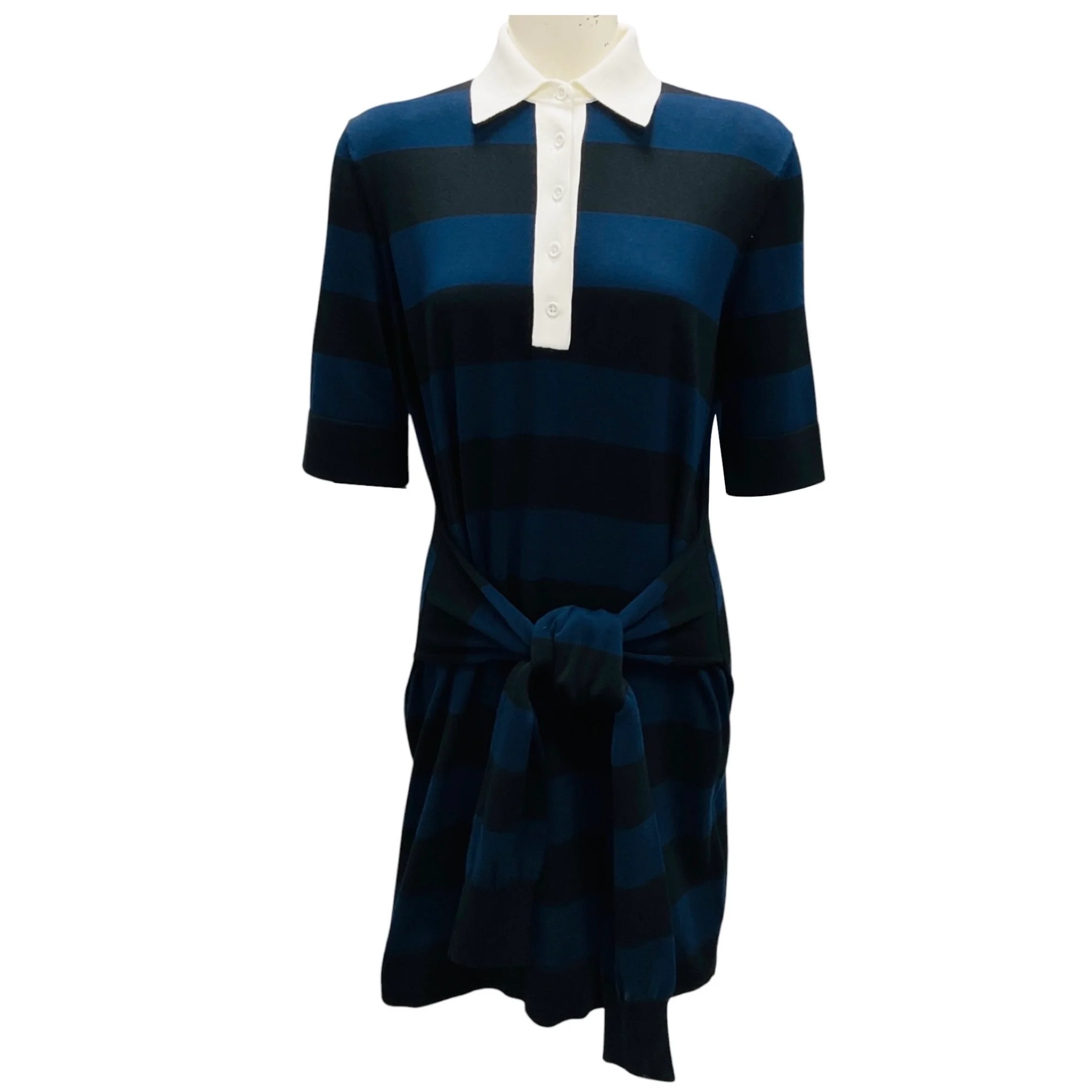Michael Kors Collection Navy Multi Rugby Stripe Cotton Tie-Waist Polo Dress
