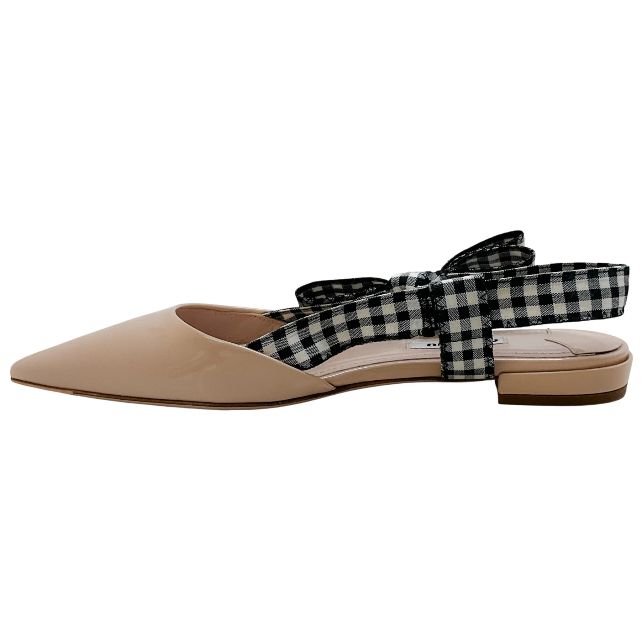 Miu Miu Nude Patent Leather Flats with Black / White Gingham Slingback - Image 3