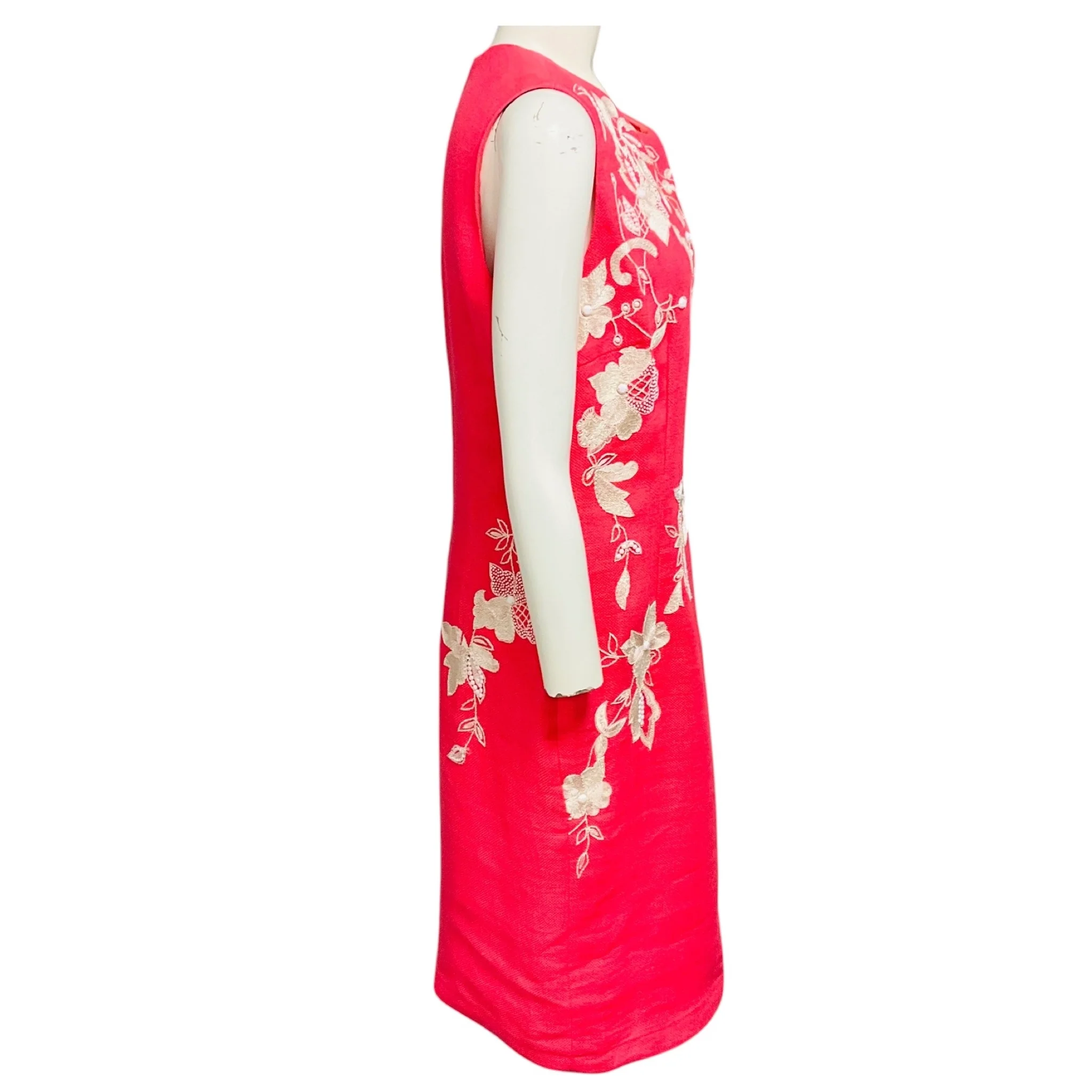 Naeem Khan Coral / Ivory Embroidered Sleeveless Linen Midi Dress - Image 2
