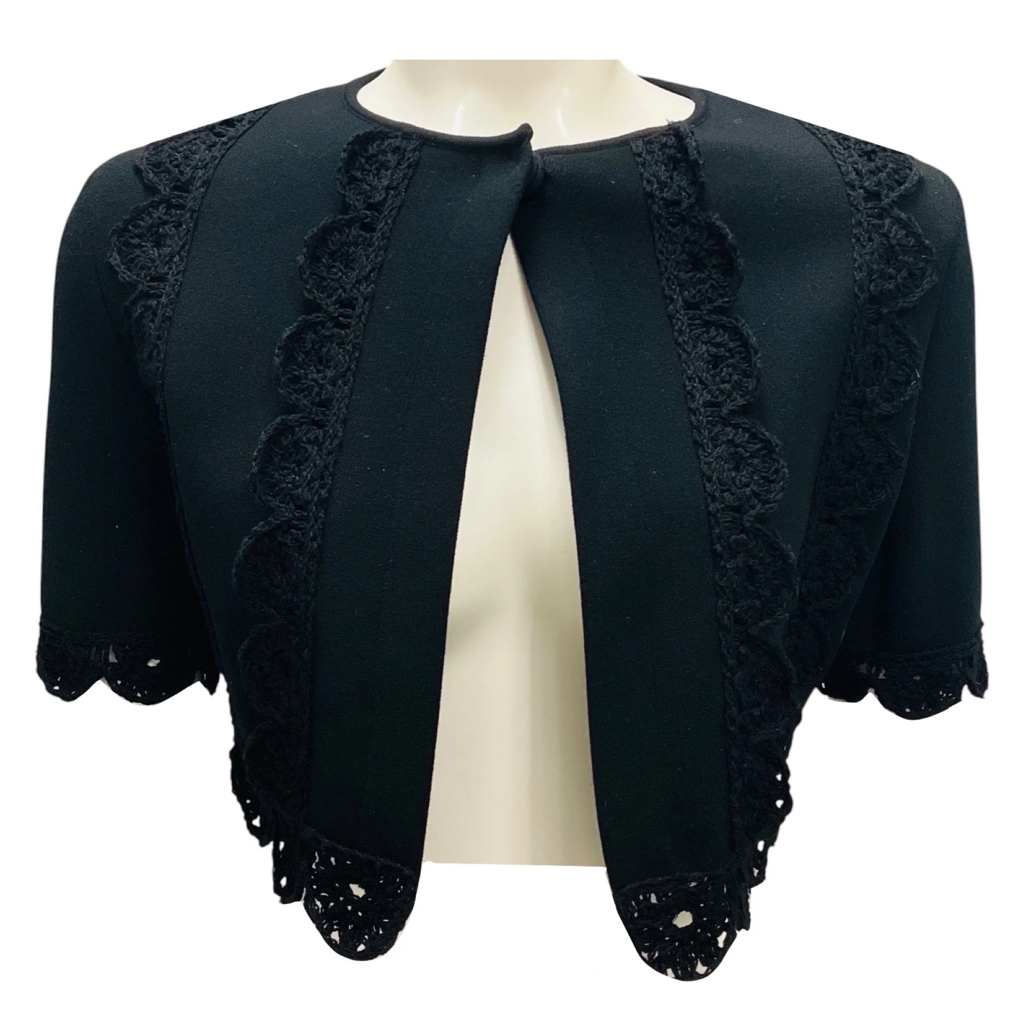 Oscar de la Renta Black Crochet Detail Cropped Knit Cardigan Sweater