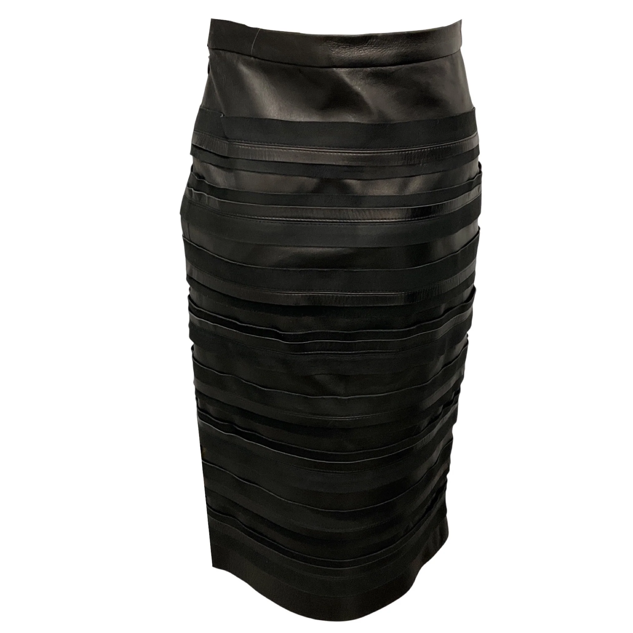Oscar de la Renta Black Banded Leather and Suede Leather Skirt - Image 3