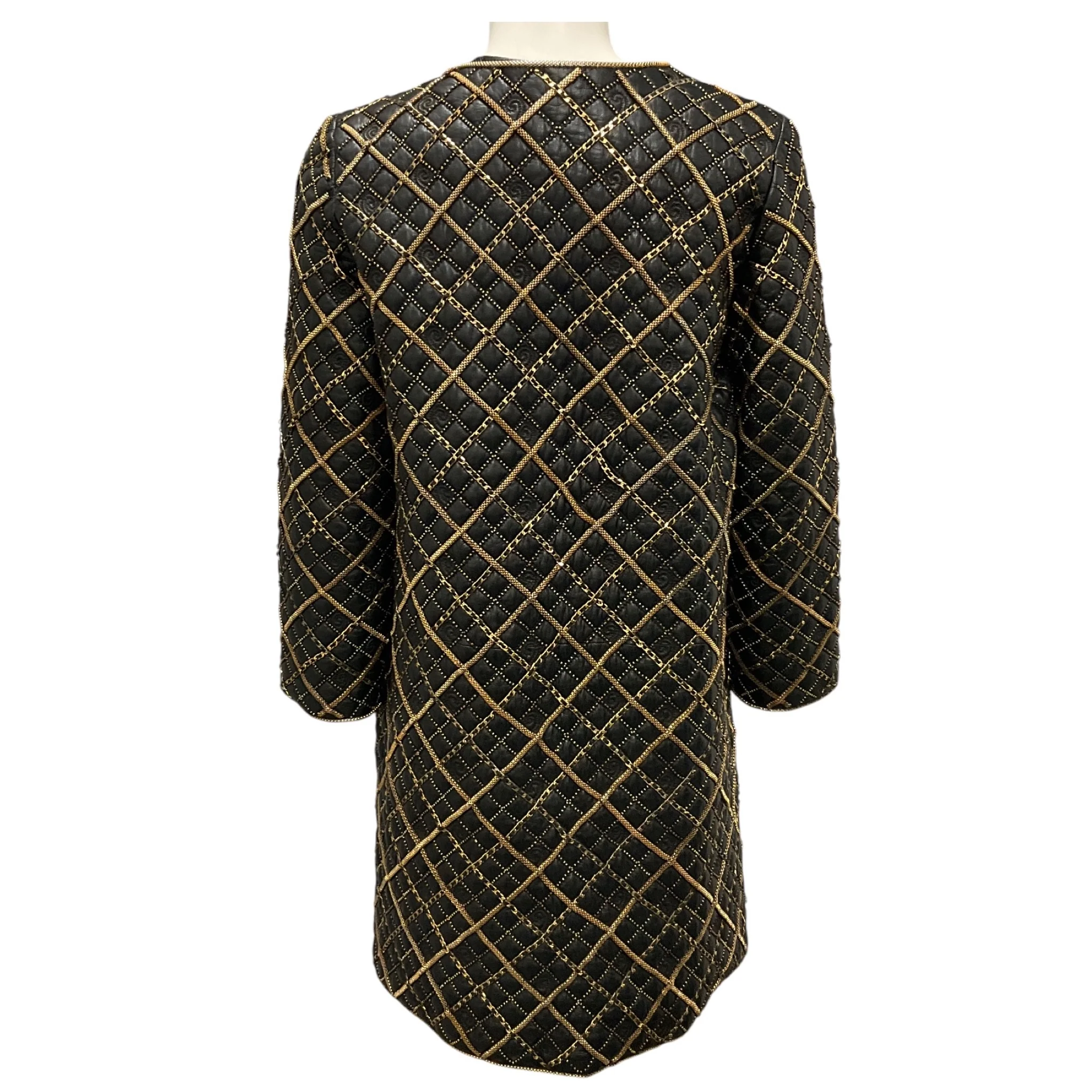 Oscar de la Renta Black / Gold Chain Embellished Leather Coat - Image 3
