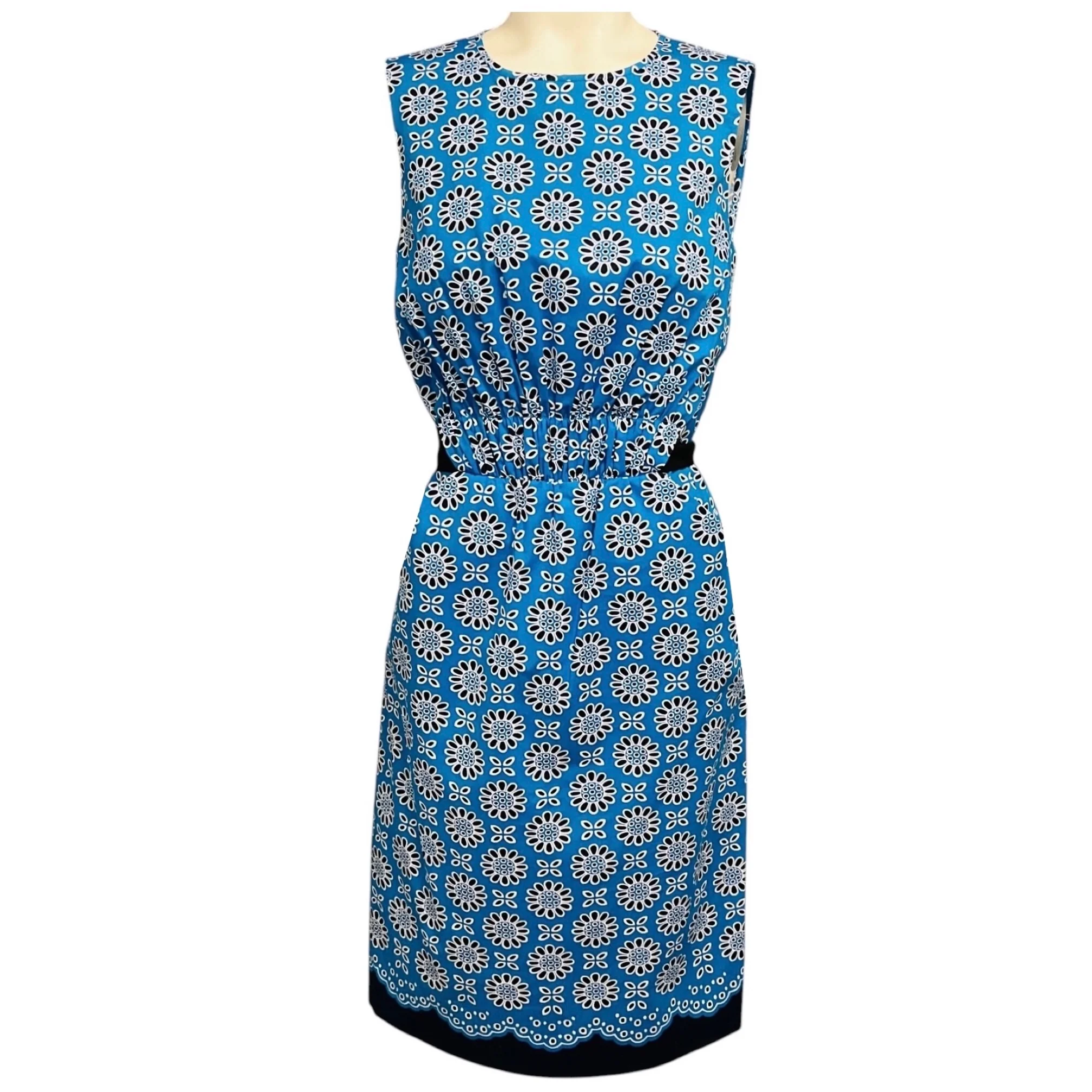 Oscar de la Renta Blue / White / Navy Floral Print Sleeveless Cotton Dress