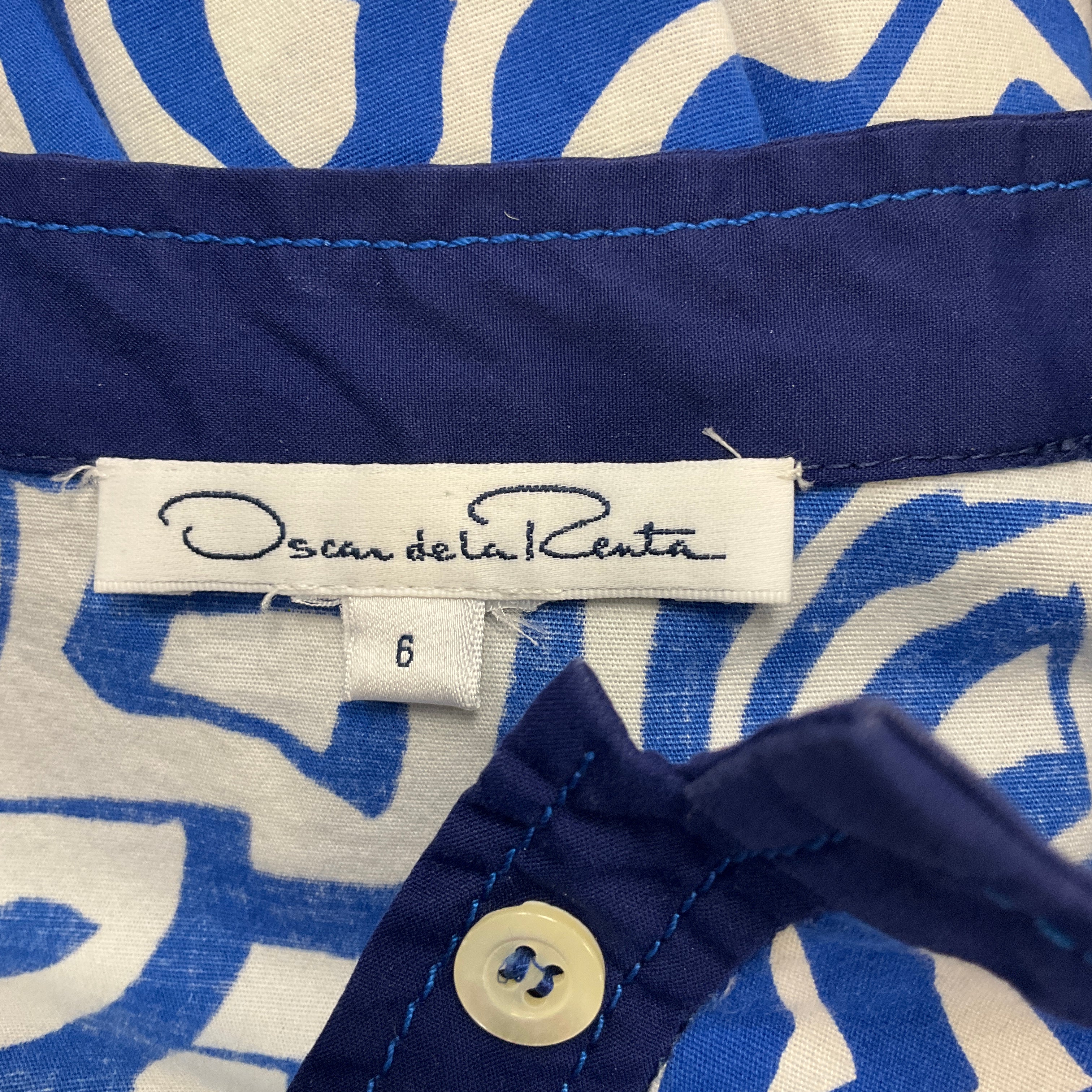 Oscar de la Renta Blue / White Printed Sleeveless Flared Dress - Image 4