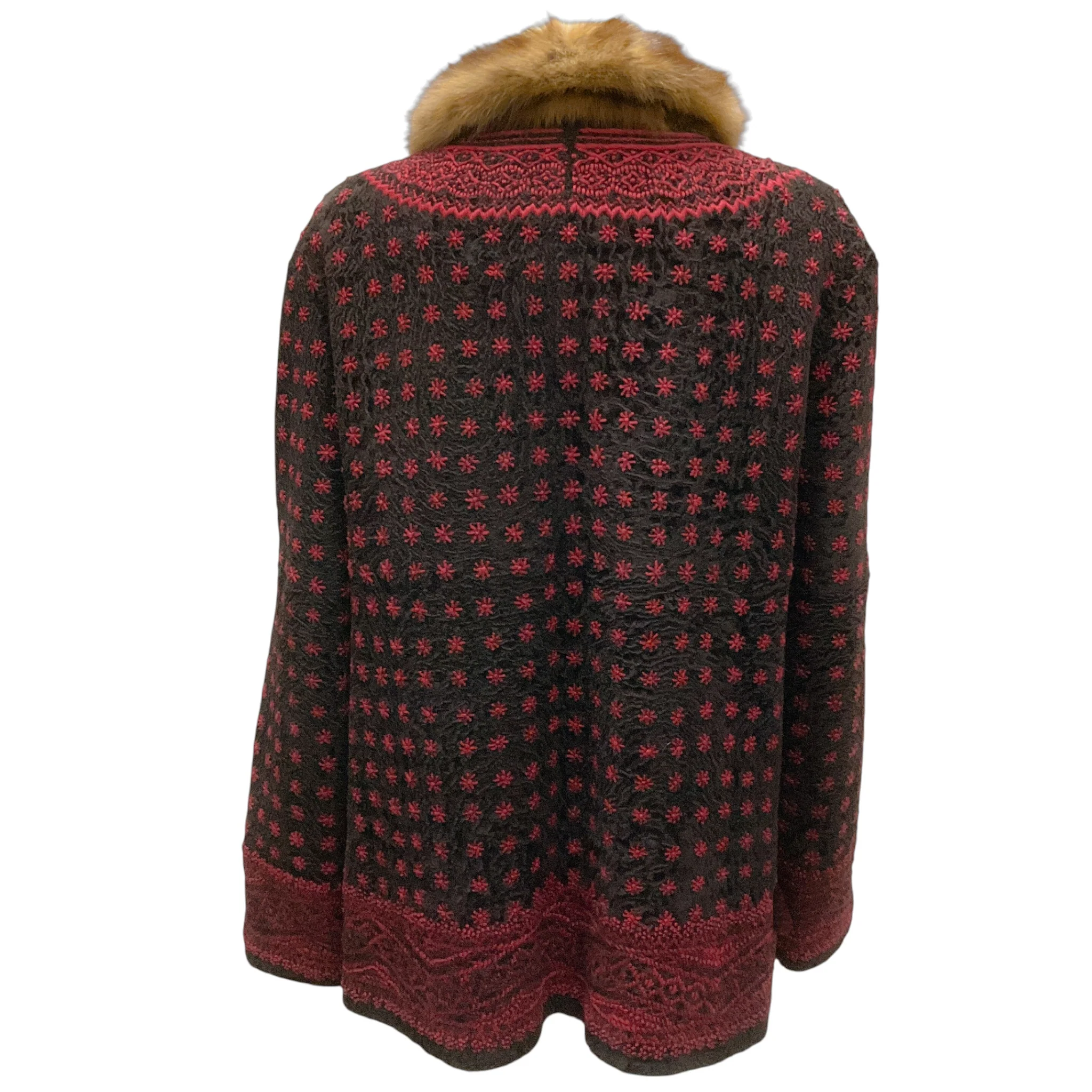 Oscar de la Renta Couture Black / Burgundy Embroidered Persian Lamb Fur Coat with Fur Collar - Image 3