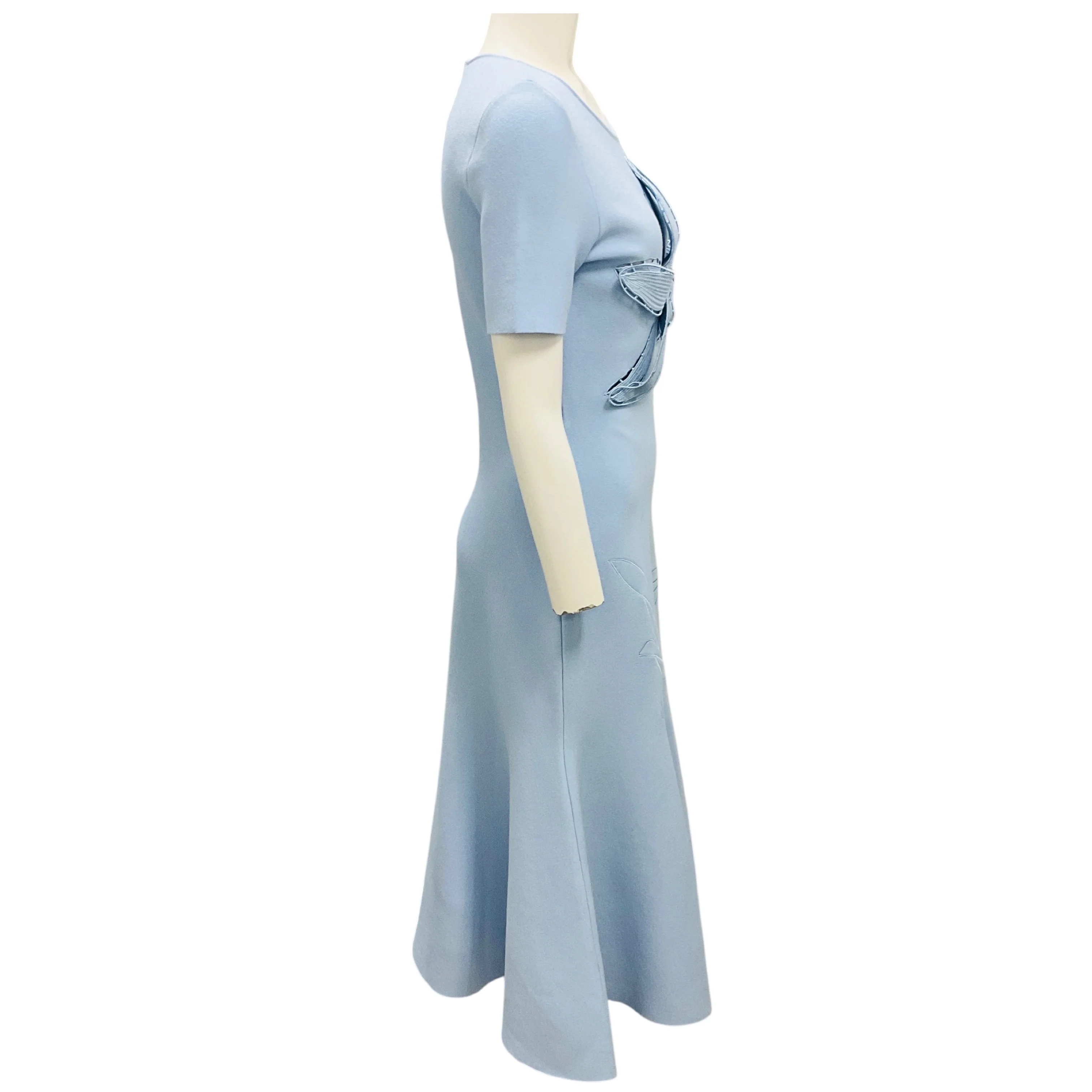 Oscar de la Renta Light Blue Orchid Embroidered Short Sleeved Jacquard Knit Midi Dress - Image 2