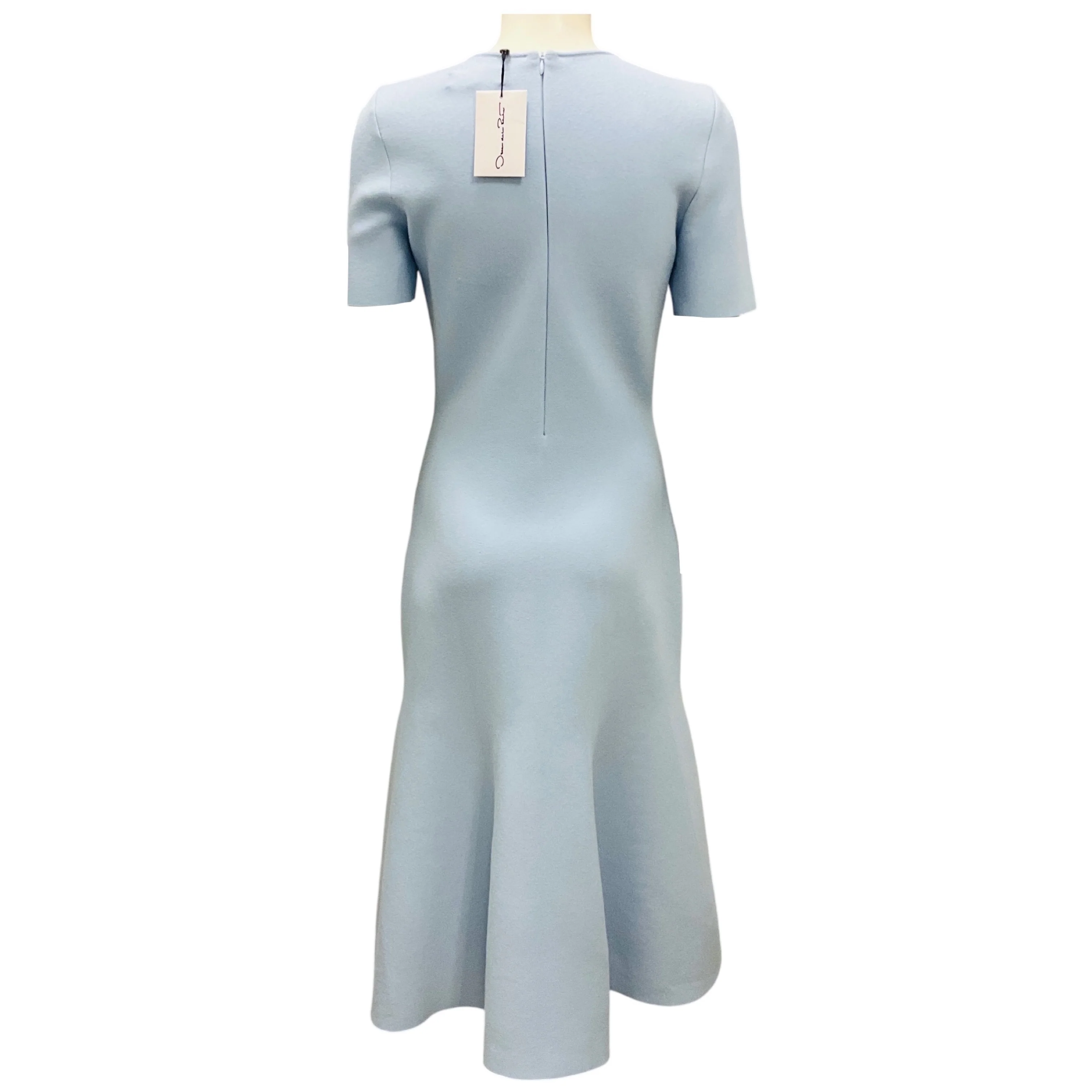 Oscar de la Renta Light Blue Orchid Embroidered Short Sleeved Jacquard Knit Midi Dress - Image 3