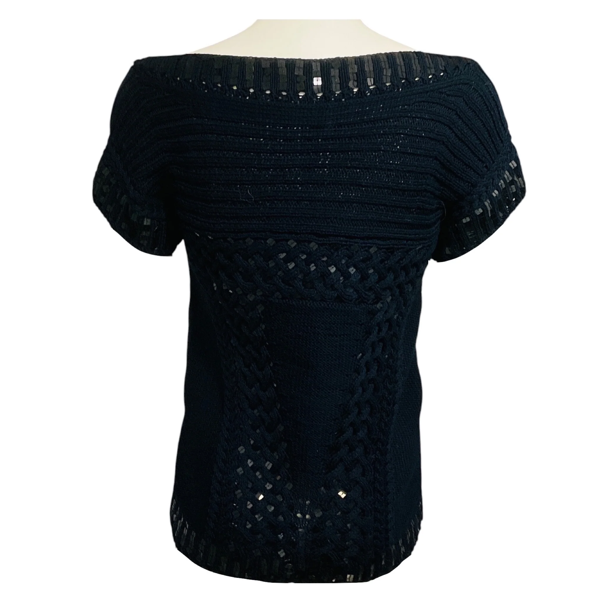 Oscar de la Renta Navy Blue / Black Sequin Embellished Short Sleeved Cotton Knit Sweater - Image 3