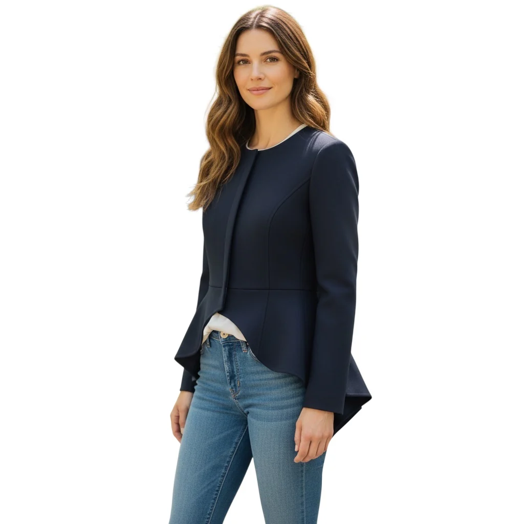 Oscar de la Renta Navy Blue High Low Double Faced Stretch Wool Jacket - Image 4