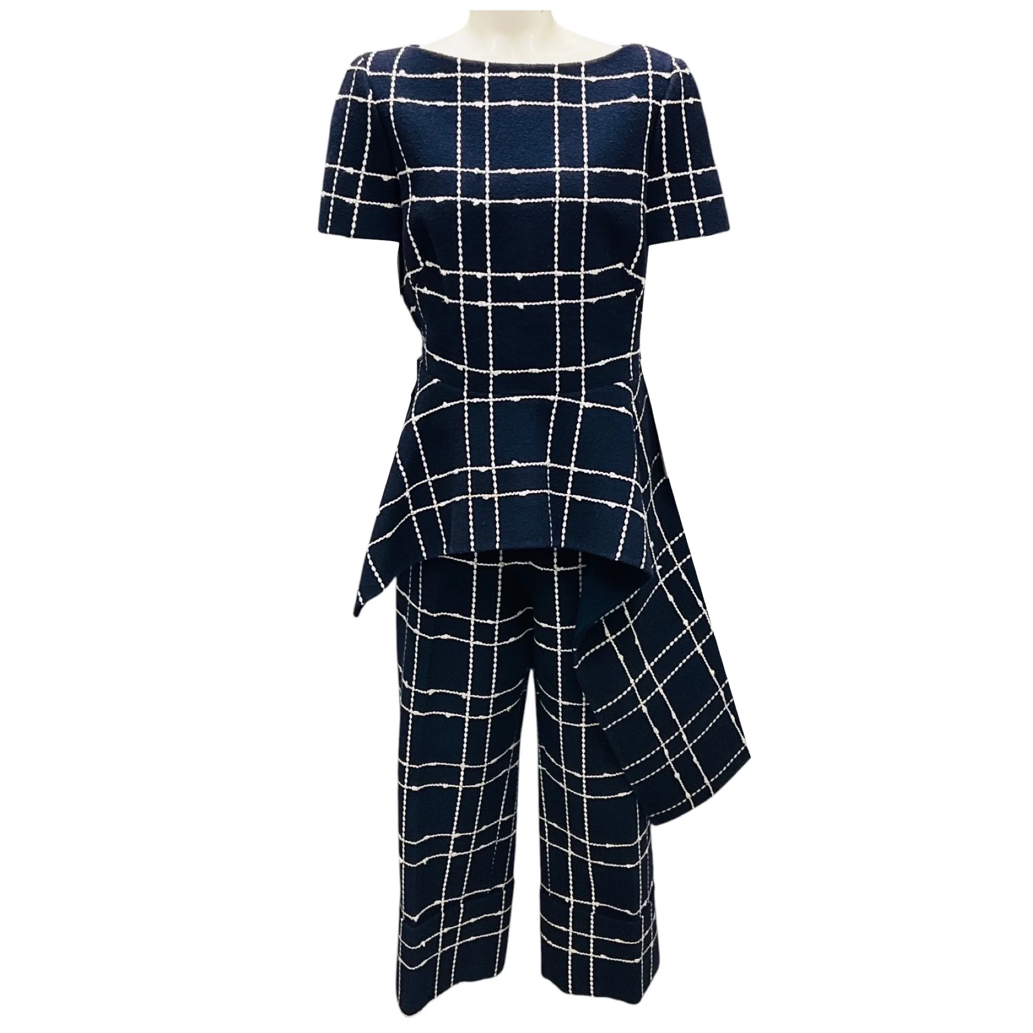 Oscar de la Renta Navy / White Boucle Tweed Windowpane Check Top and Pants Set