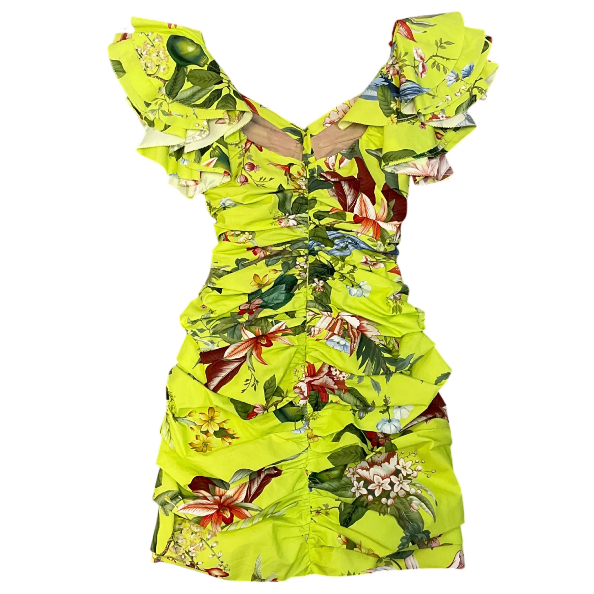 Oscar de la Renta Neon Yellow Multi Spring 2024 Off Shoulder Ruffle Mini Dress - Image 3