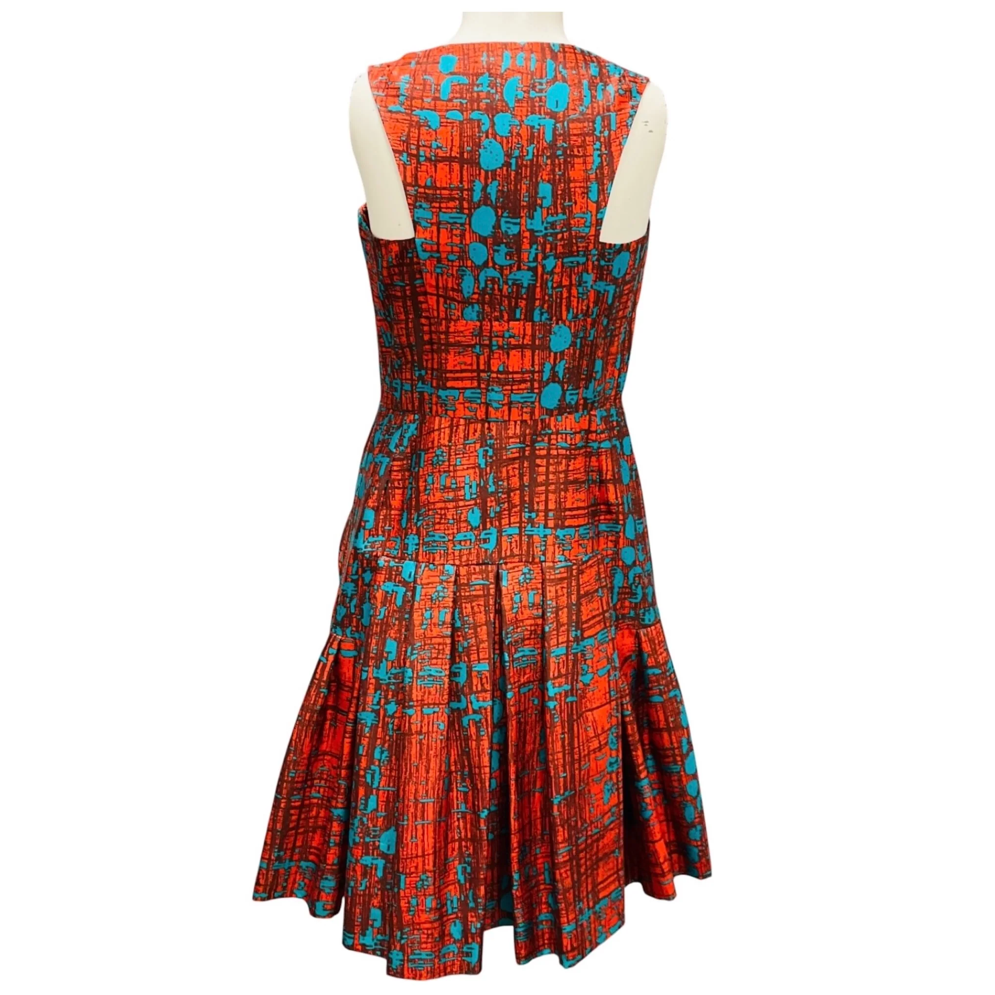 Oscar de la Renta Orange / Teal Printed Sleeveless Flared and Pleated Dress - Image 3