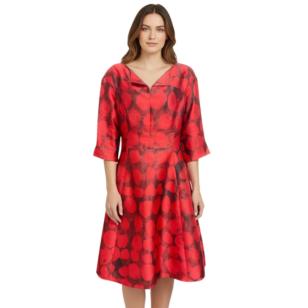 Oscar de la Renta Red / Black Silk 3/4 Sleeve Dress - Image 5