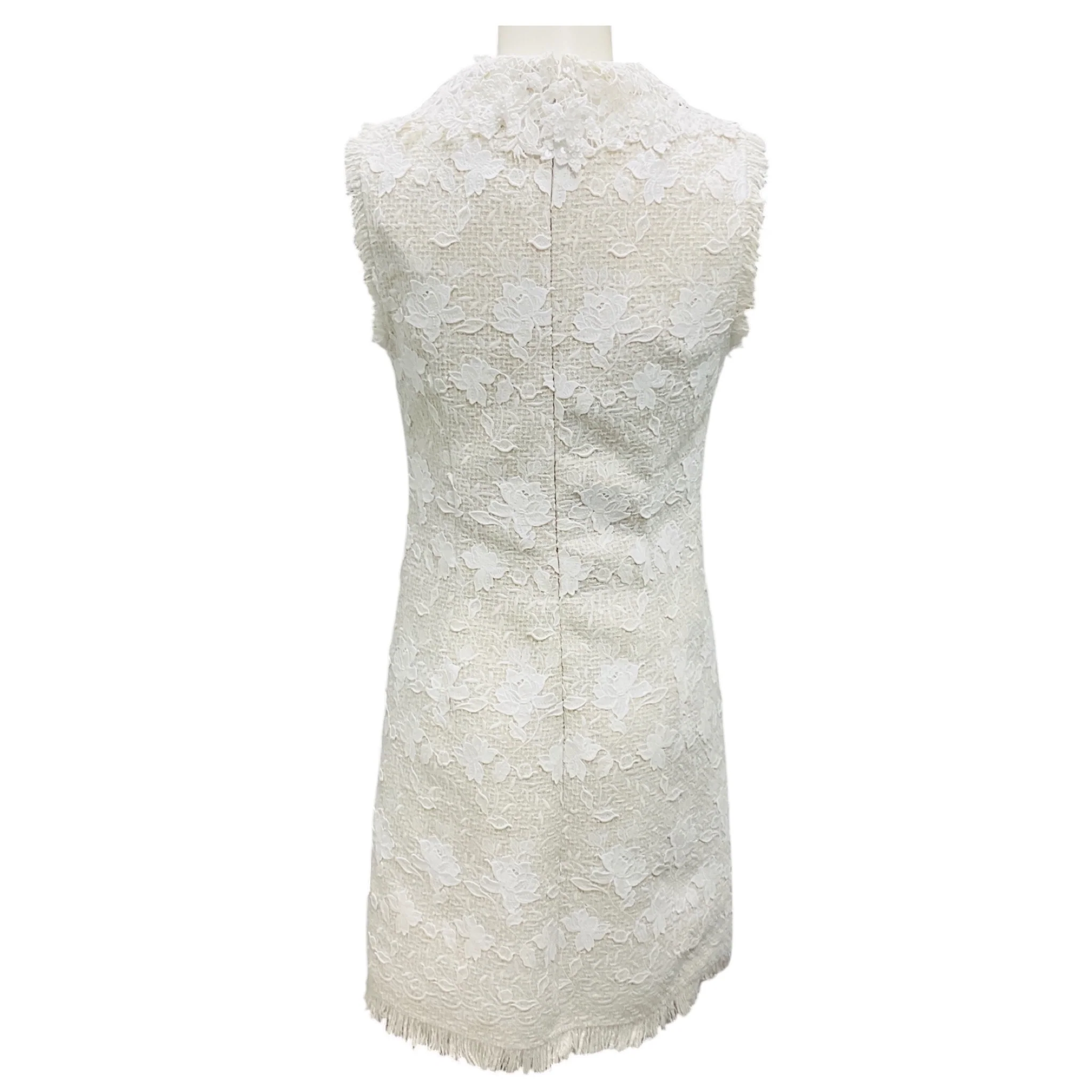 Oscar de la Renta White Gardenia Embroidered Tweed Dress - Image 3