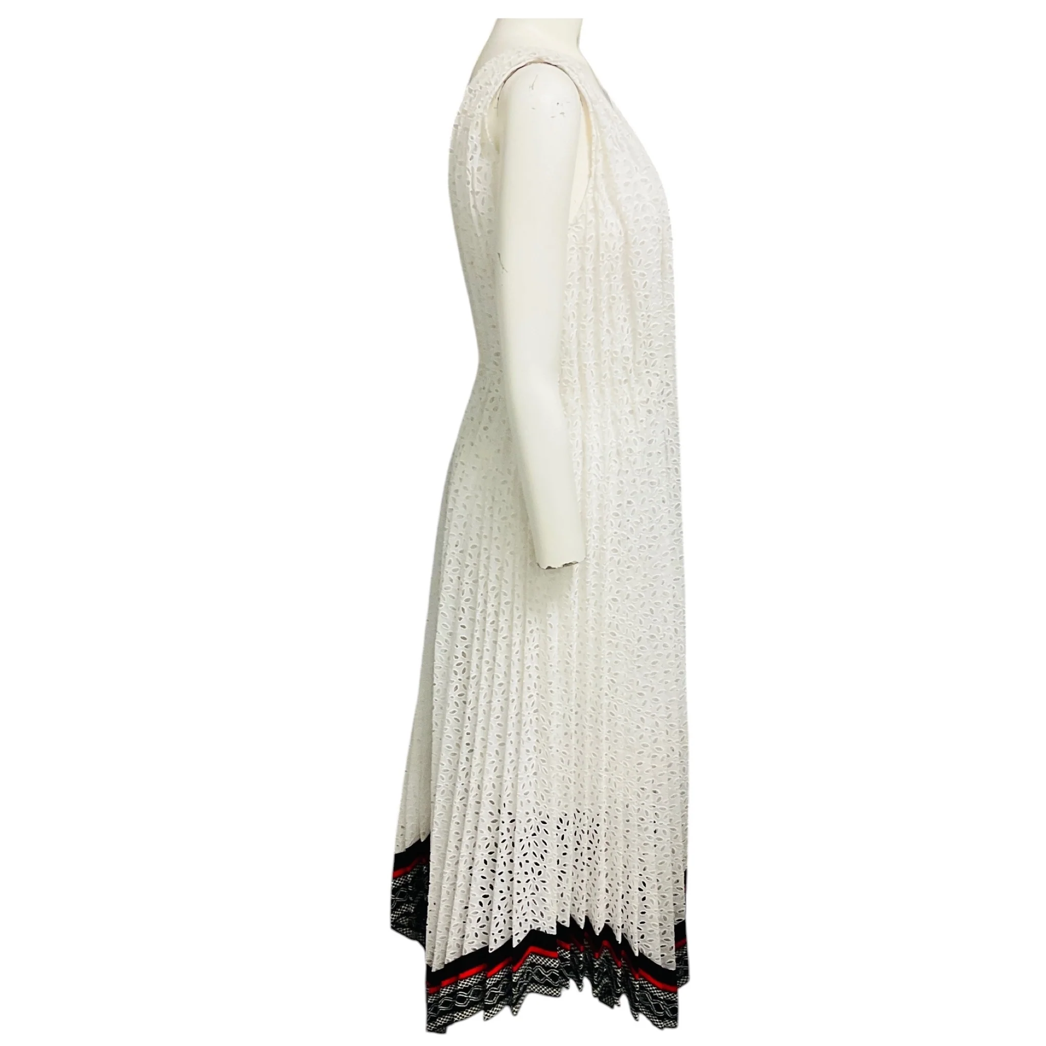 Oscar de la Renta White Sleeveless V-Neck Cotton Eyelet Midi Dress - Image 2