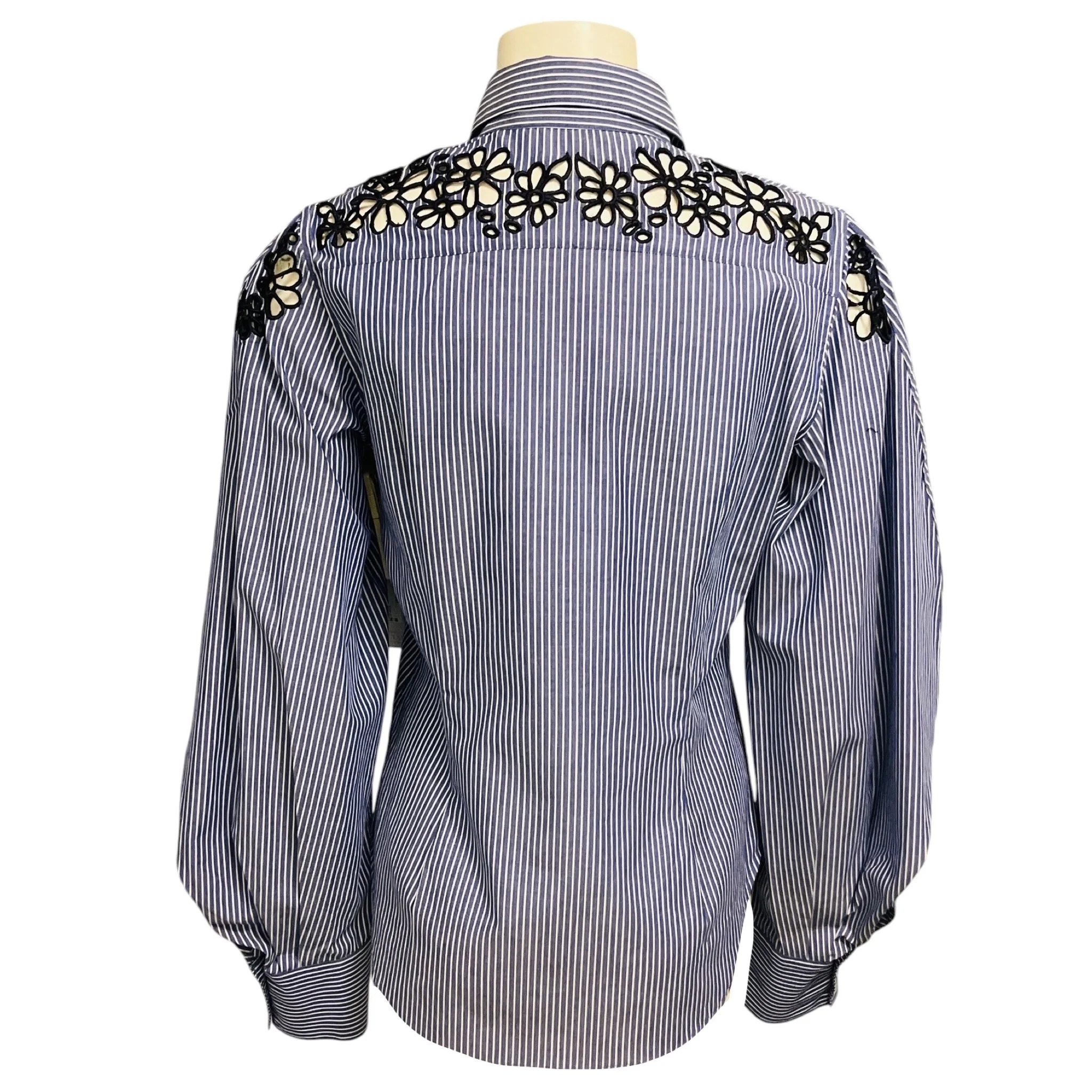 Prabal Gurung Blue / White / Navy Floral Embroidered Eyelet Striped Blouse - Image 3