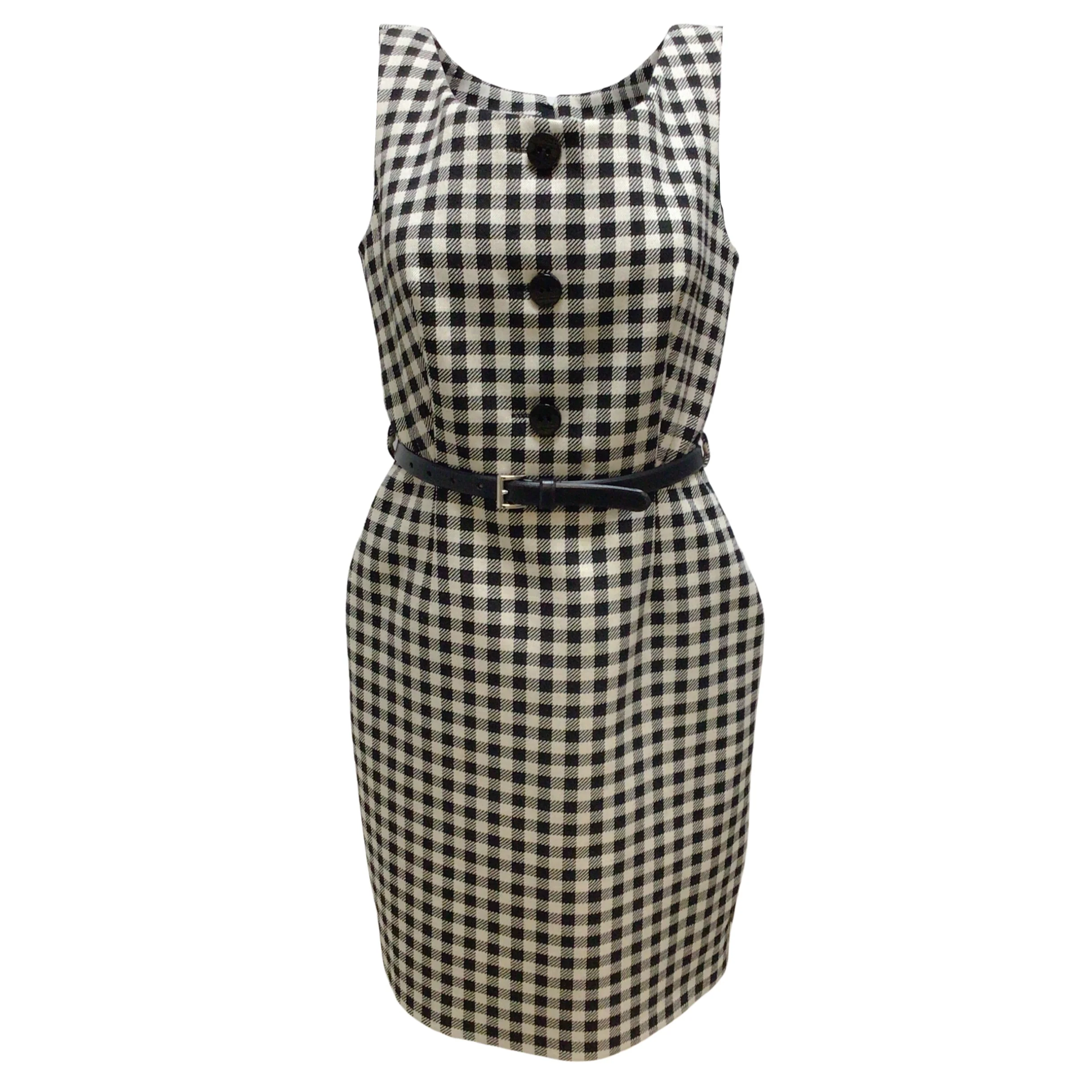 Prada Beige / Black Belted Checkered Sleeveless Wool Work/Office Dress