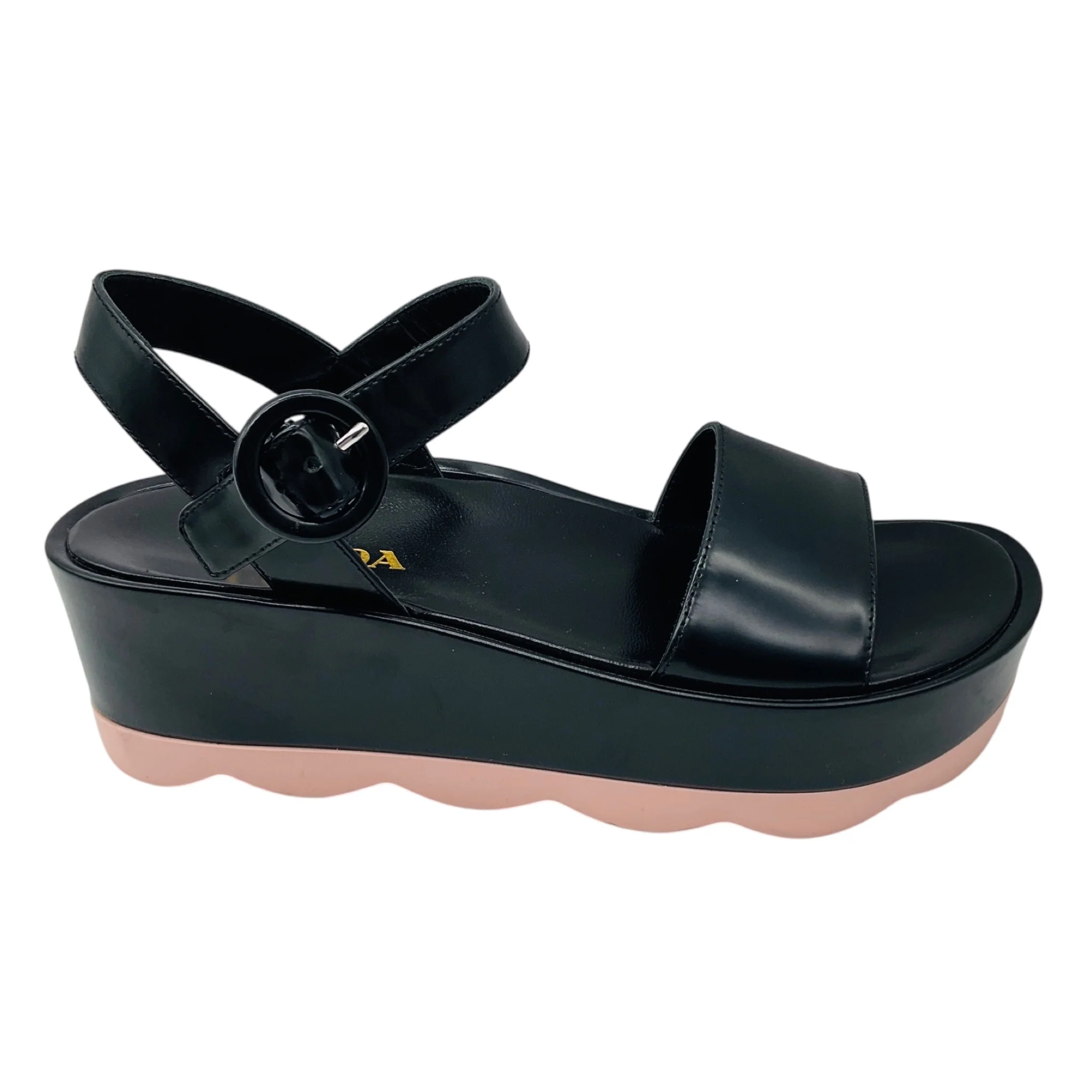 Prada Black / Light Pink Scalloped Sole Ankle Strap Leather Platform Sandals - Image 2