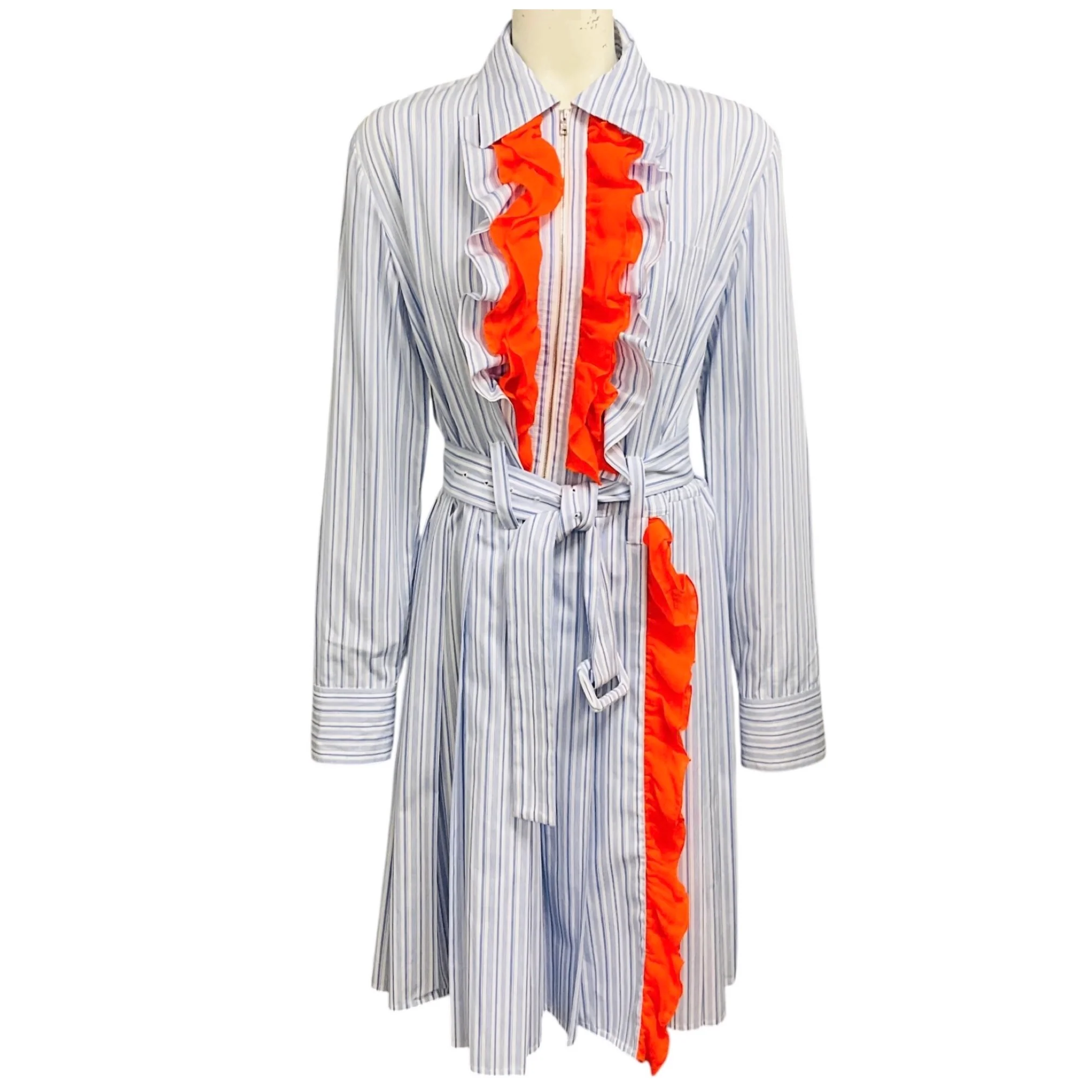 Prada Light Blue / White / Orange Ruffle Detail Striped Midi Shirt Dress with Belt