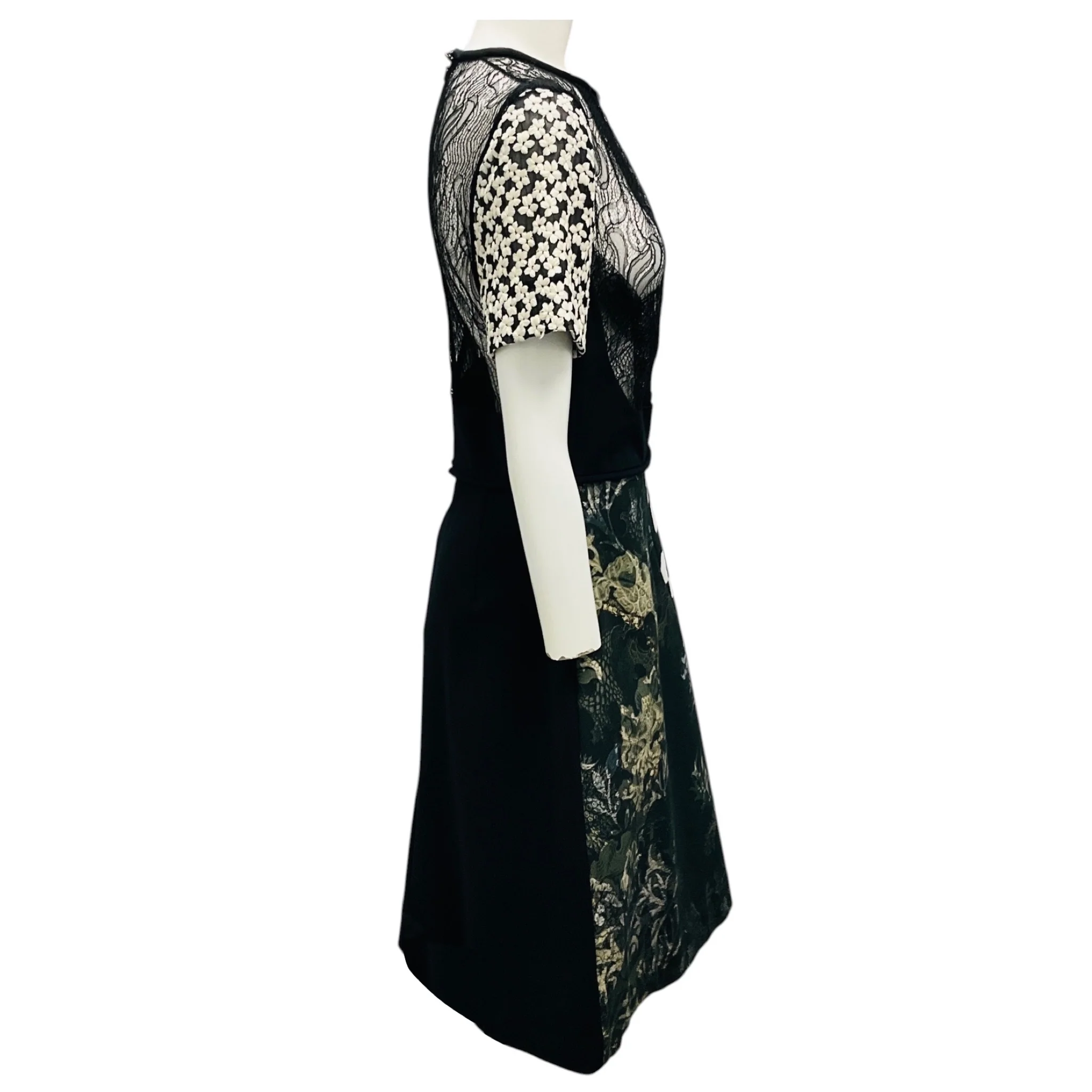 Preen by Thornton Bregazzi Black / White Multi Mixed Media Lace and Embroidery Short Sleeved Midi Cocktail Dress - Image 2