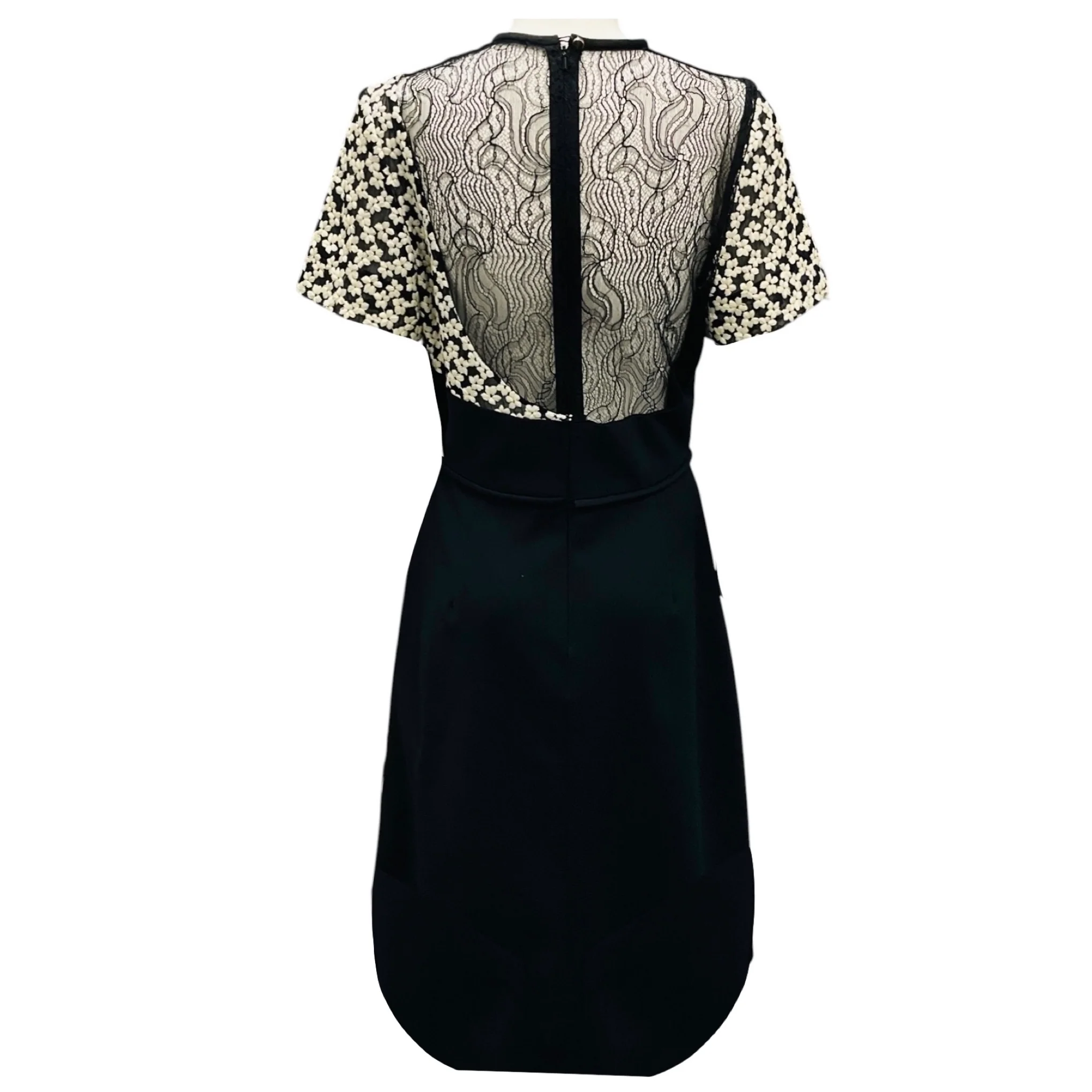 Preen by Thornton Bregazzi Black / White Multi Mixed Media Lace and Embroidery Short Sleeved Midi Cocktail Dress - Image 3